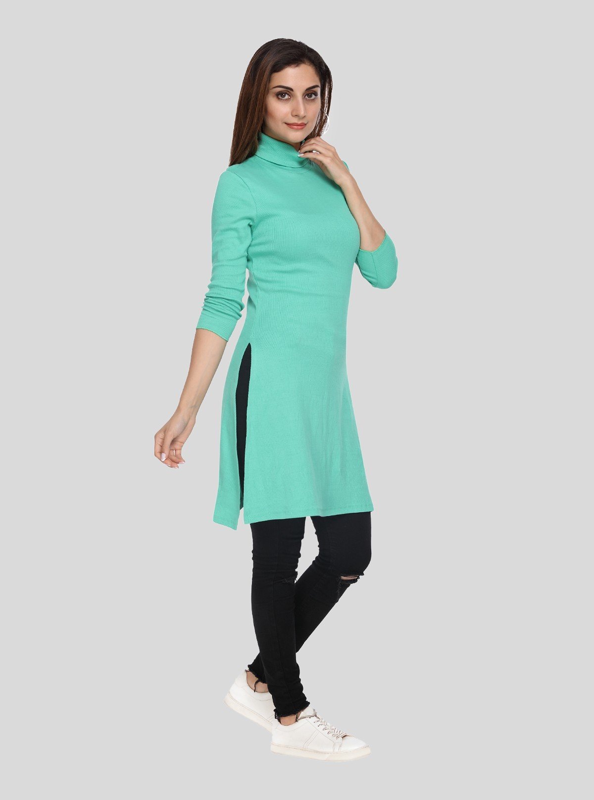 Women's Green High Neck Ribbed Long Sleeve Cotton Stretch Dress - Boer and Fitch