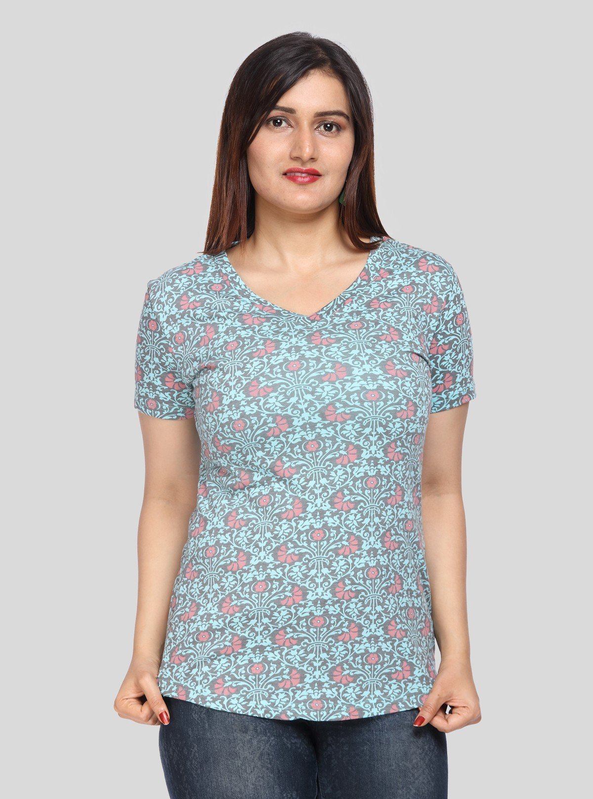 Women’s Green Printed V - Neck Cotton T-Shirt – Boer and Fitch - Boer and Fitch