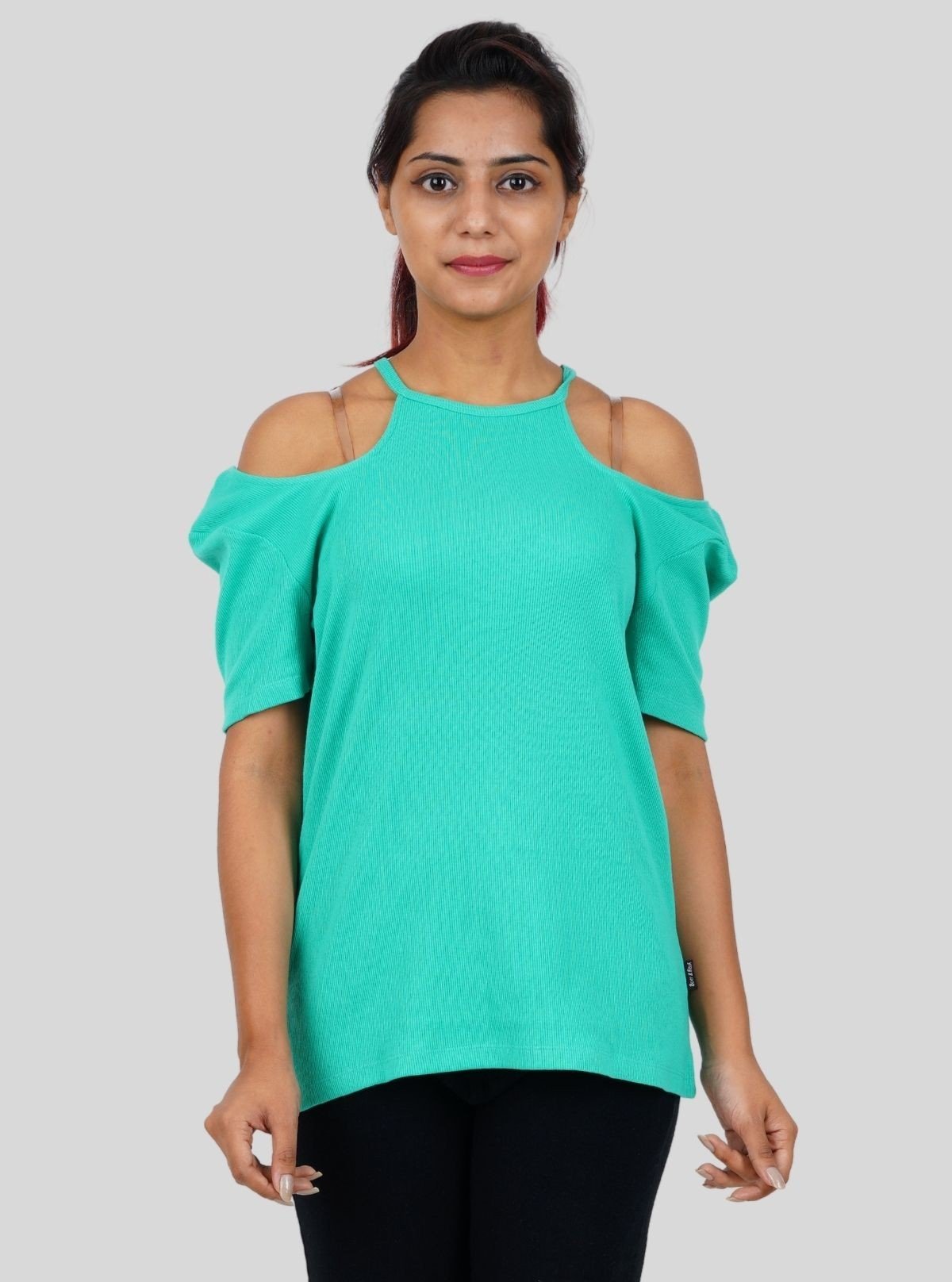 Women's Green Racer Neck Top in Cotton Durby Knit Fabric - Boer and Fitch
