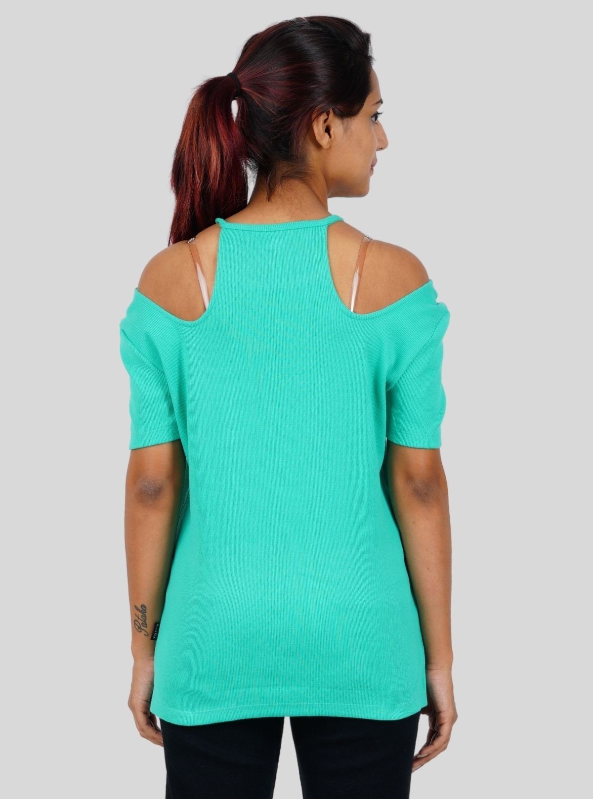 Women's Green Racer Neck Top in Cotton Durby Knit Fabric - Boer and Fitch