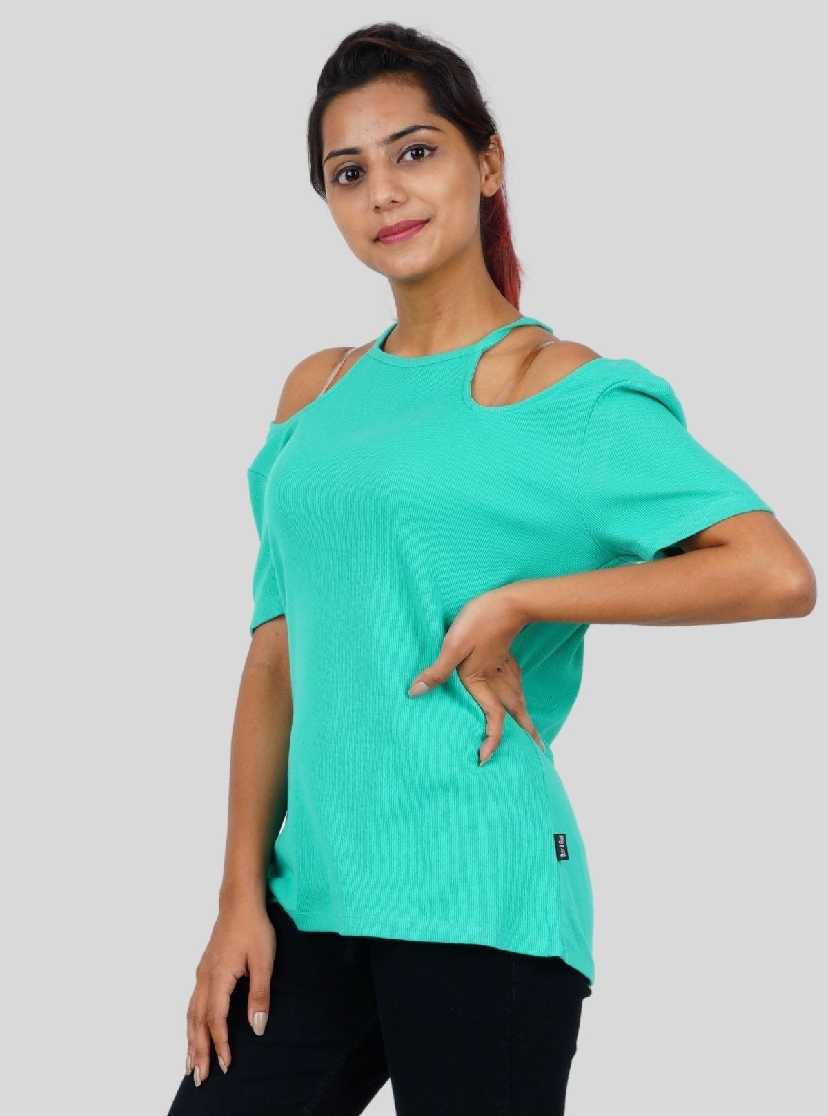 Women's Green Racer Neck Top in Cotton Durby Knit Fabric - Boer and Fitch