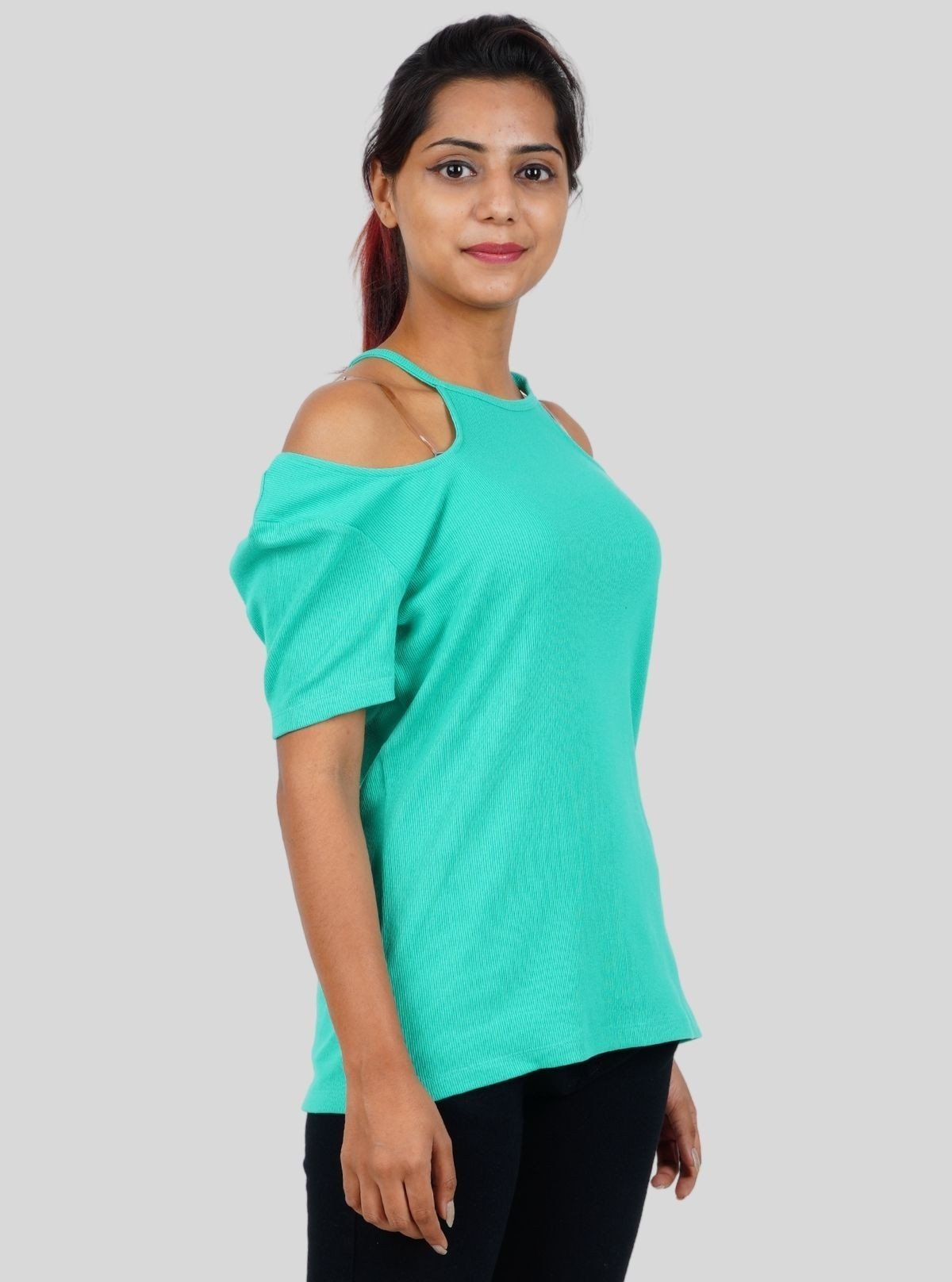 Women's Green Racer Neck Top in Cotton Durby Knit Fabric - Boer and Fitch