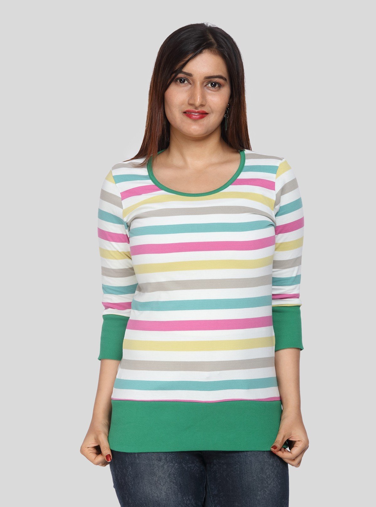 Women’s Green Ribbed Striped Cotton Jersey Top with 3/4th Sleeves | Boer & Fitch - Boer and Fitch