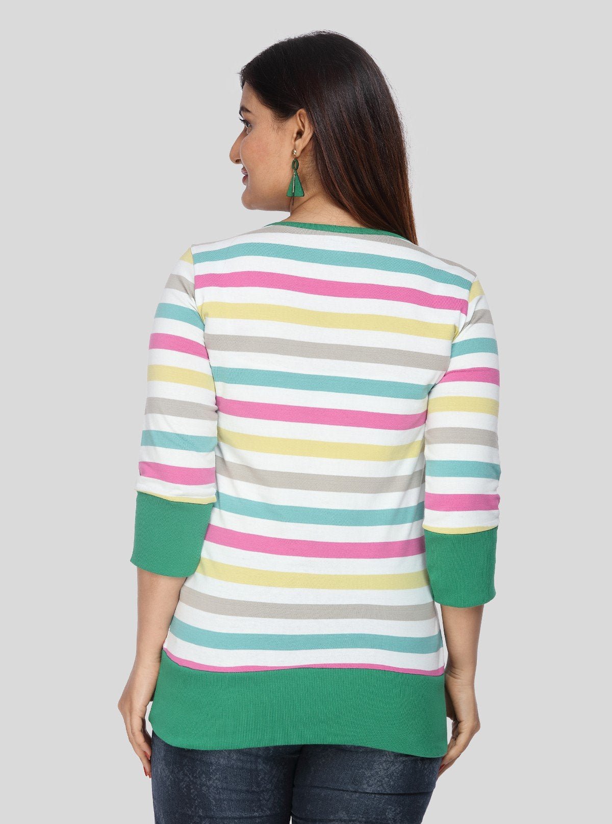 Women’s Green Ribbed Striped Cotton Jersey Top with 3/4th Sleeves | Boer & Fitch - Boer and Fitch