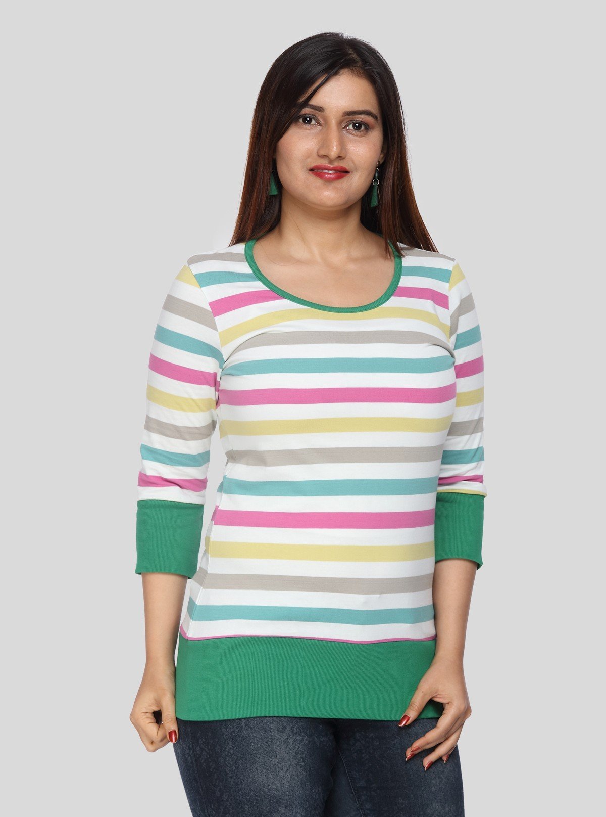 Women’s Green Ribbed Striped Cotton Jersey Top with 3/4th Sleeves | Boer & Fitch - Boer and Fitch