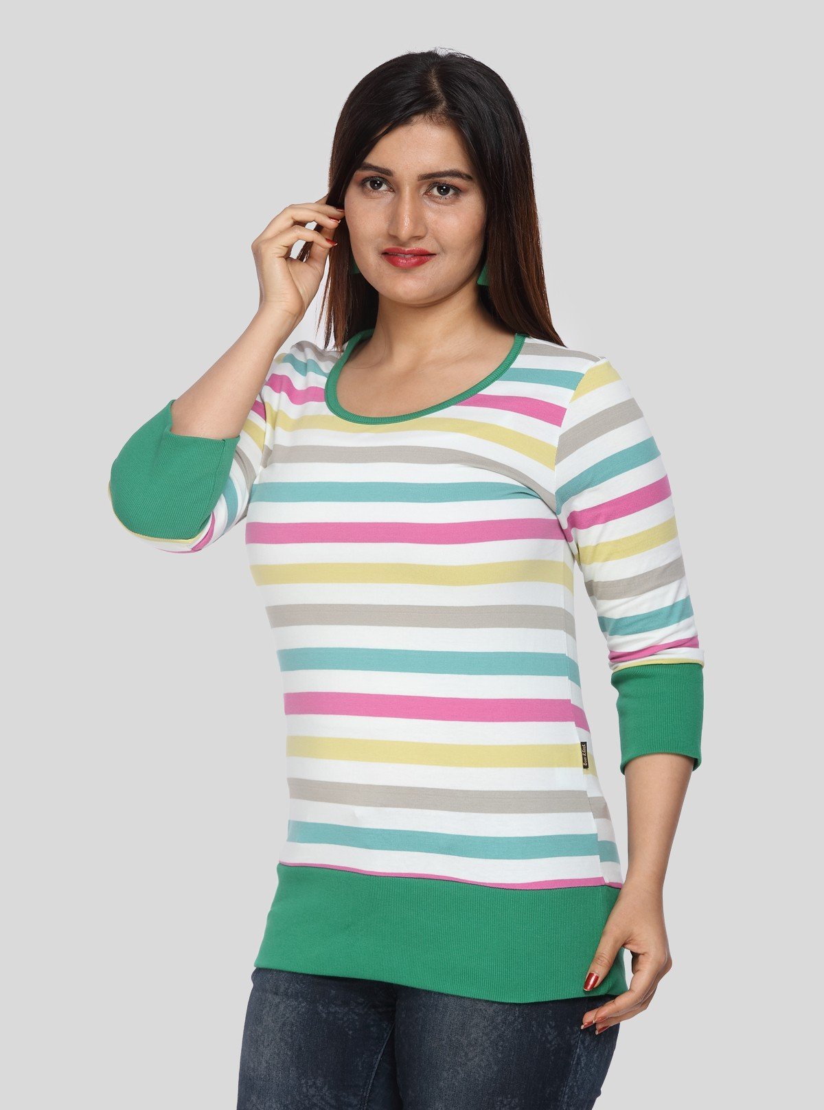 Women’s Green Ribbed Striped Cotton Jersey Top with 3/4th Sleeves | Boer & Fitch - Boer and Fitch