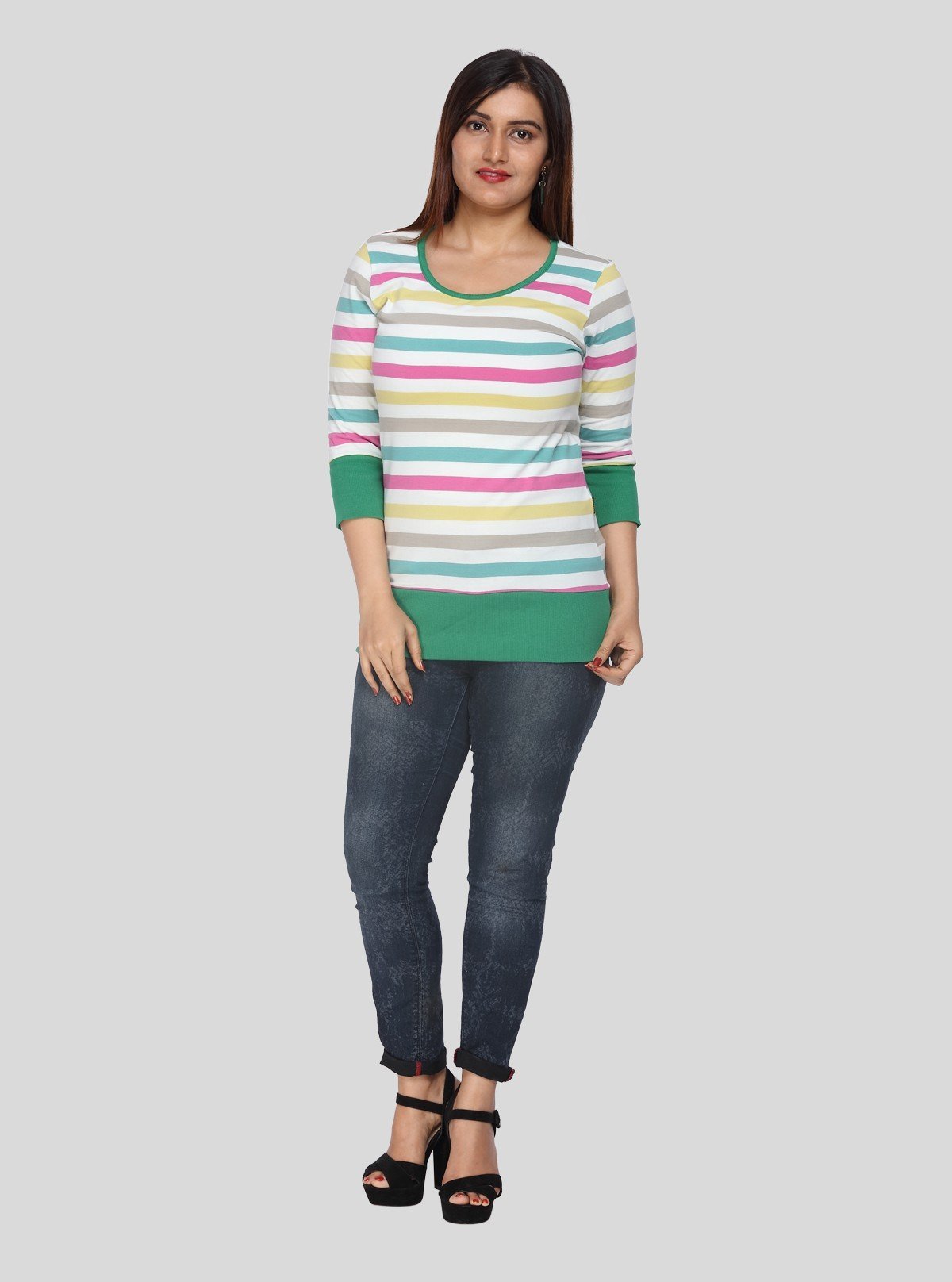 Women’s Green Ribbed Striped Cotton Jersey Top with 3/4th Sleeves | Boer & Fitch - Boer and Fitch