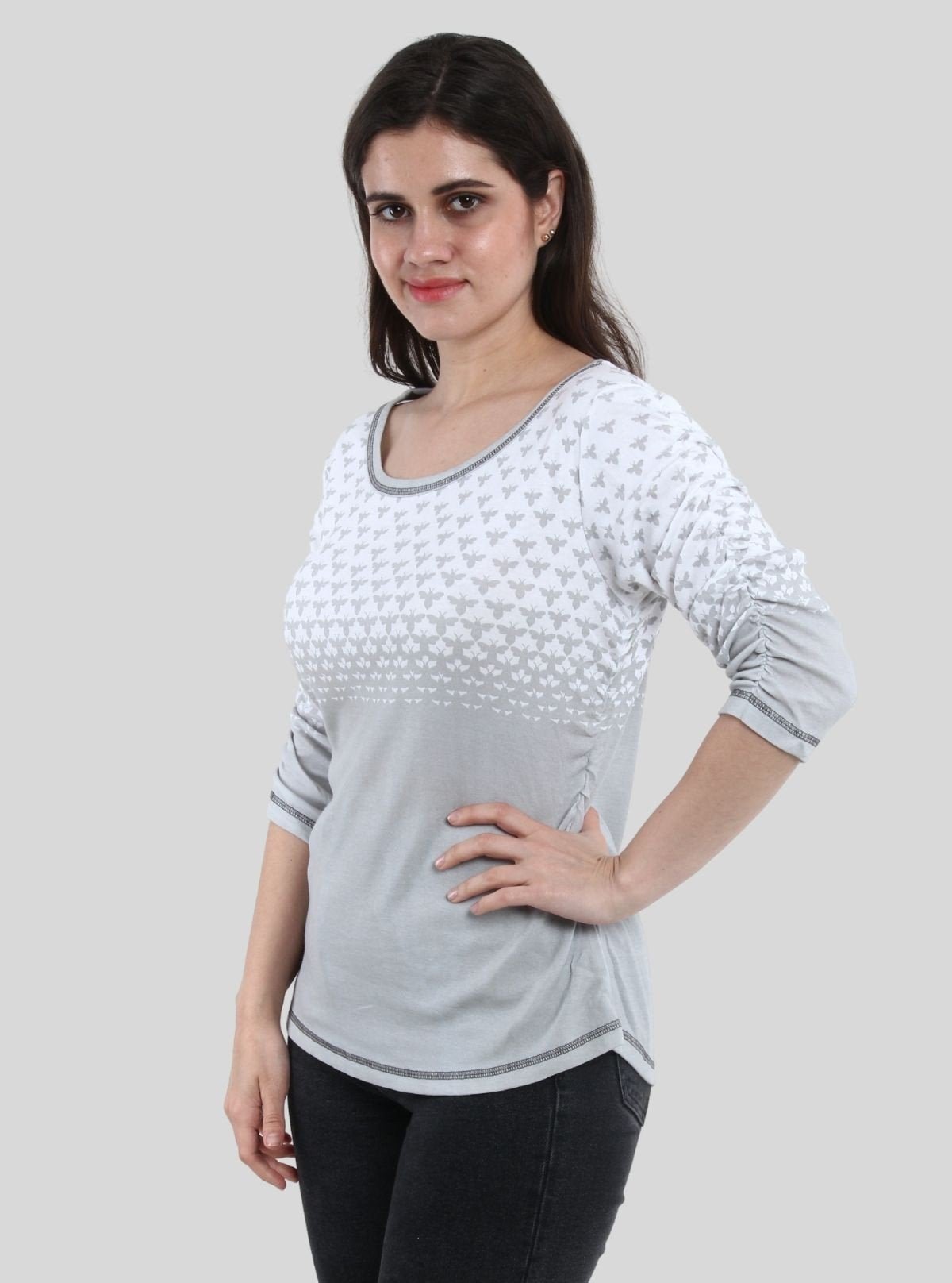 Women’s Green Scoop Neck Butterfly Print Top with Long Sleeves – Cotton Rib Knit - Boer and Fitch