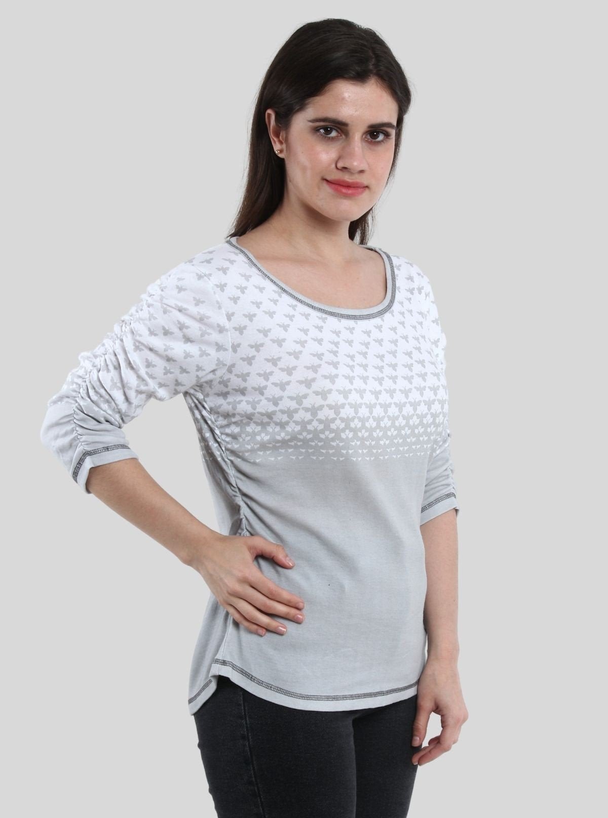 Women’s Green Scoop Neck Butterfly Print Top with Long Sleeves – Cotton Rib Knit - Boer and Fitch