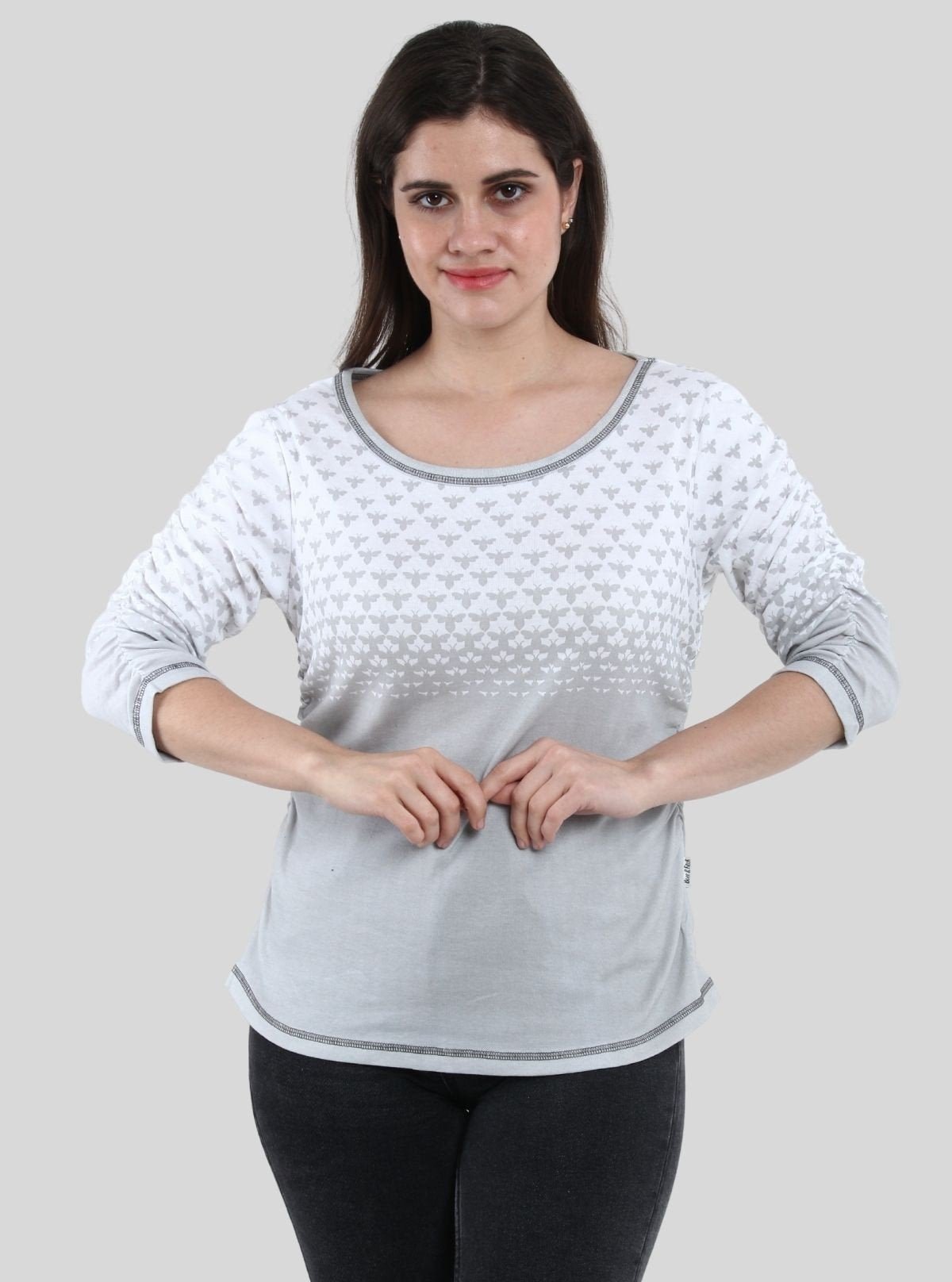 Women’s Green Scoop Neck Butterfly Print Top with Long Sleeves – Cotton Rib Knit - Boer and Fitch