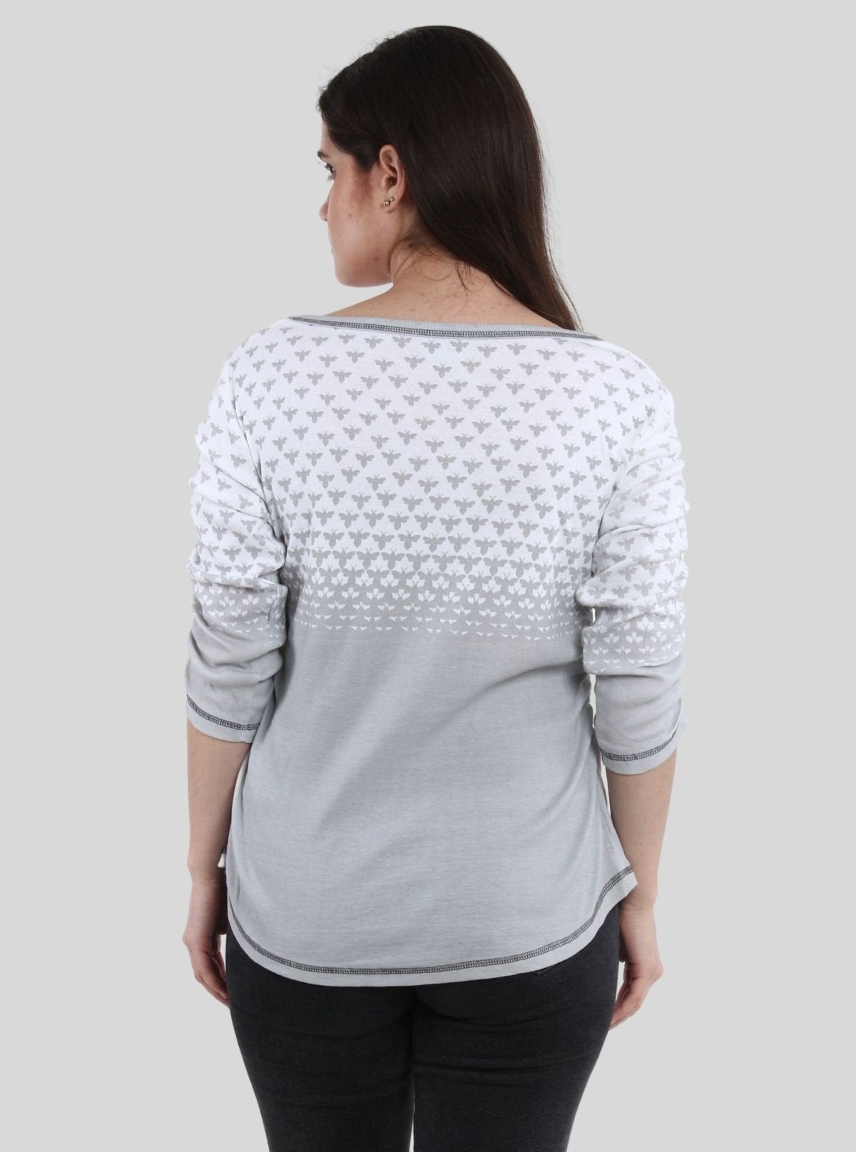 Women’s Green Scoop Neck Butterfly Print Top with Long Sleeves – Cotton Rib Knit - Boer and Fitch