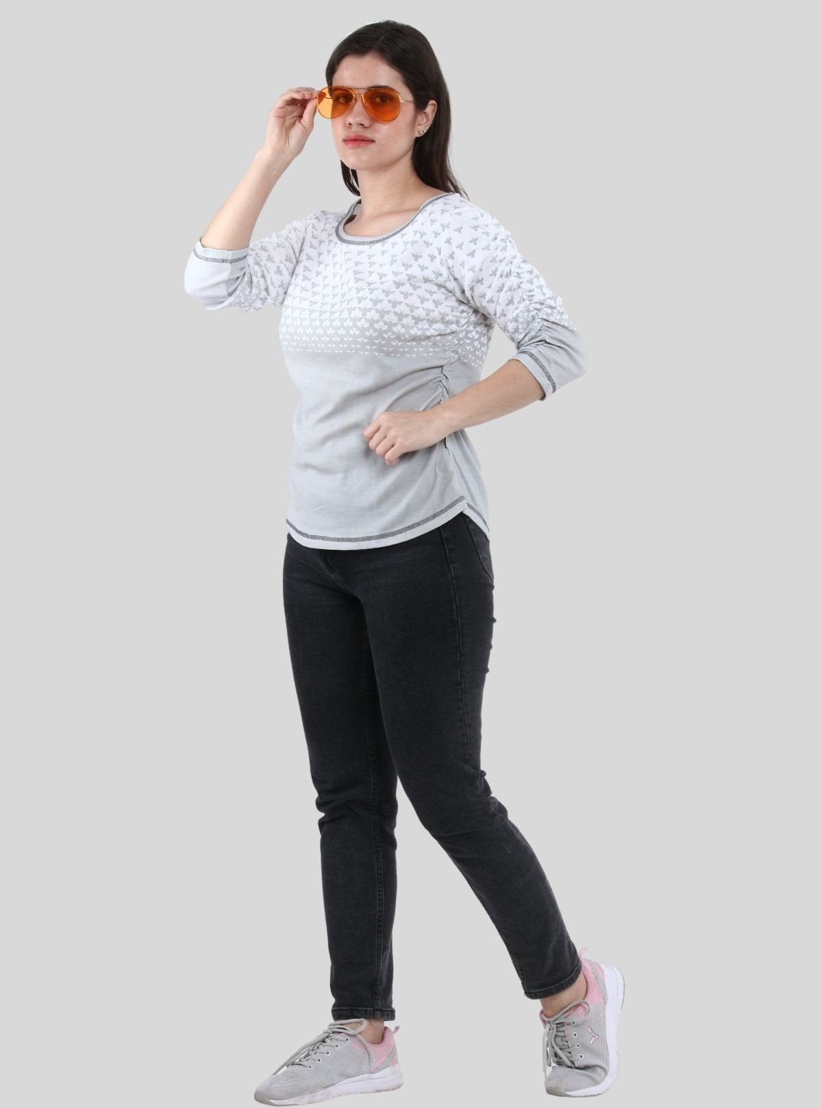 Women’s Green Scoop Neck Butterfly Print Top with Long Sleeves – Cotton Rib Knit - Boer and Fitch