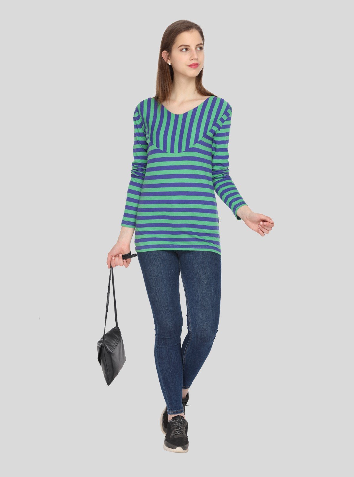 Women’s Green Striped Printed Long Sleeve Cotton Jersey Top | Boer & Fitch - Boer and Fitch