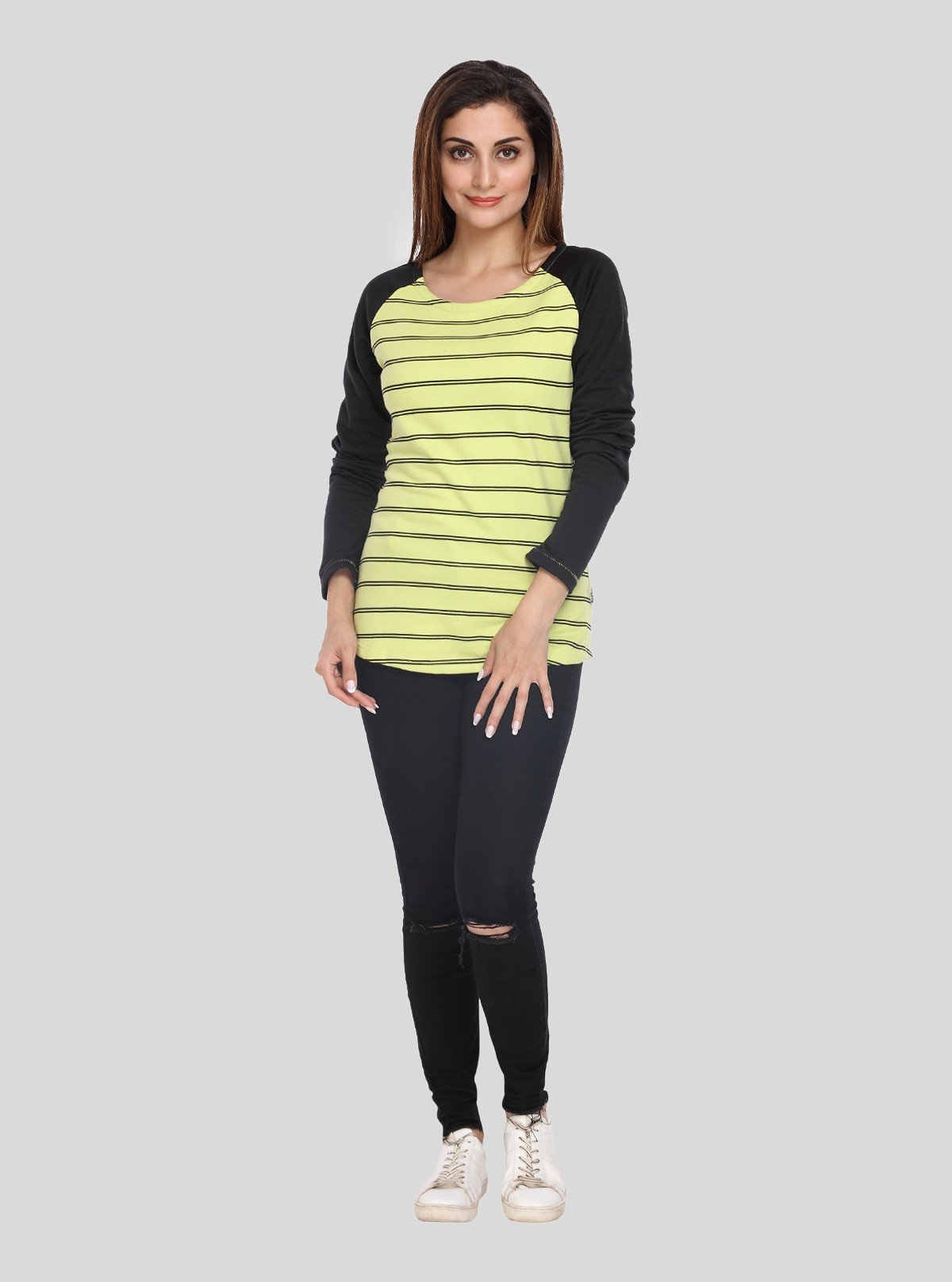 Women’s Green Striped Raglan Sleeve Sweat Top in Cotton Fleece - Boer and Fitch