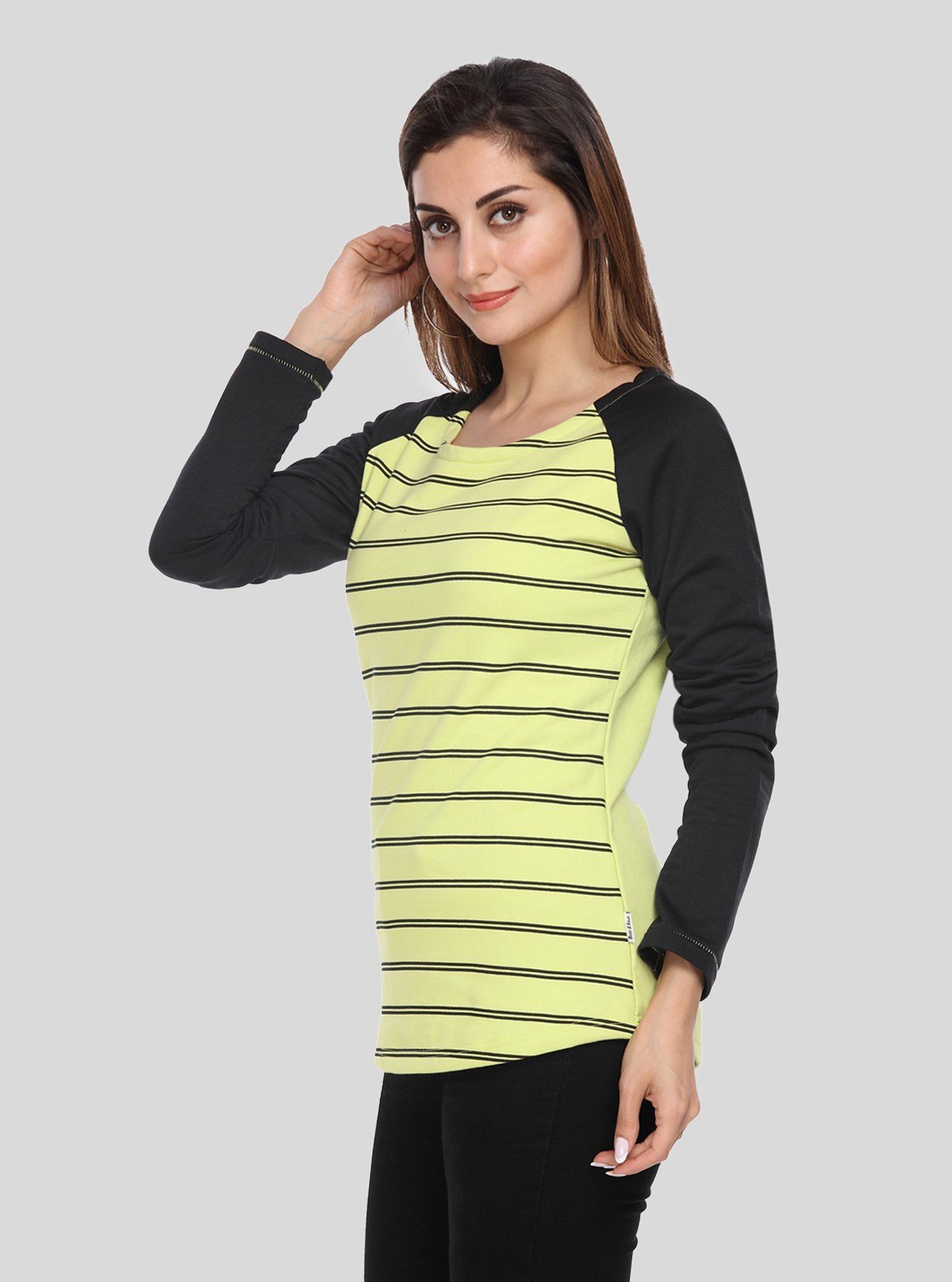 Women’s Green Striped Raglan Sleeve Sweat Top in Cotton Fleece - Boer and Fitch