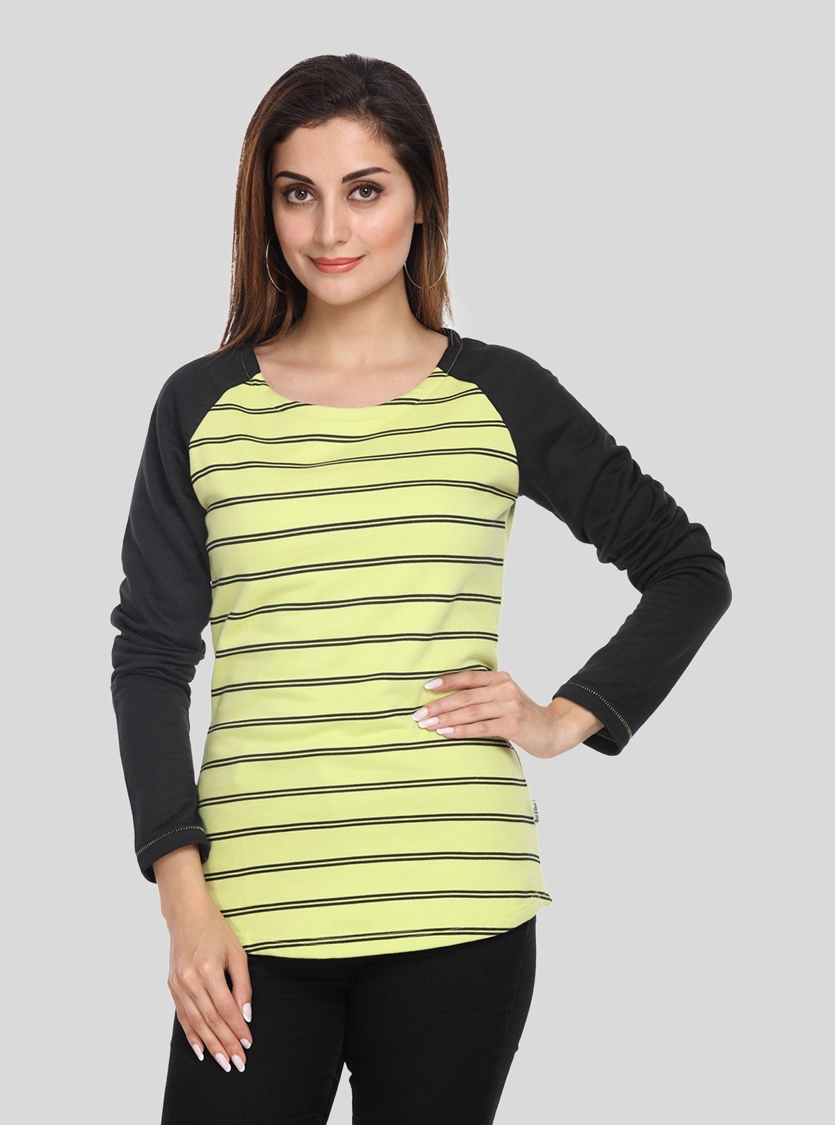 Women’s Green Striped Raglan Sleeve Sweat Top in Cotton Fleece - Boer and Fitch