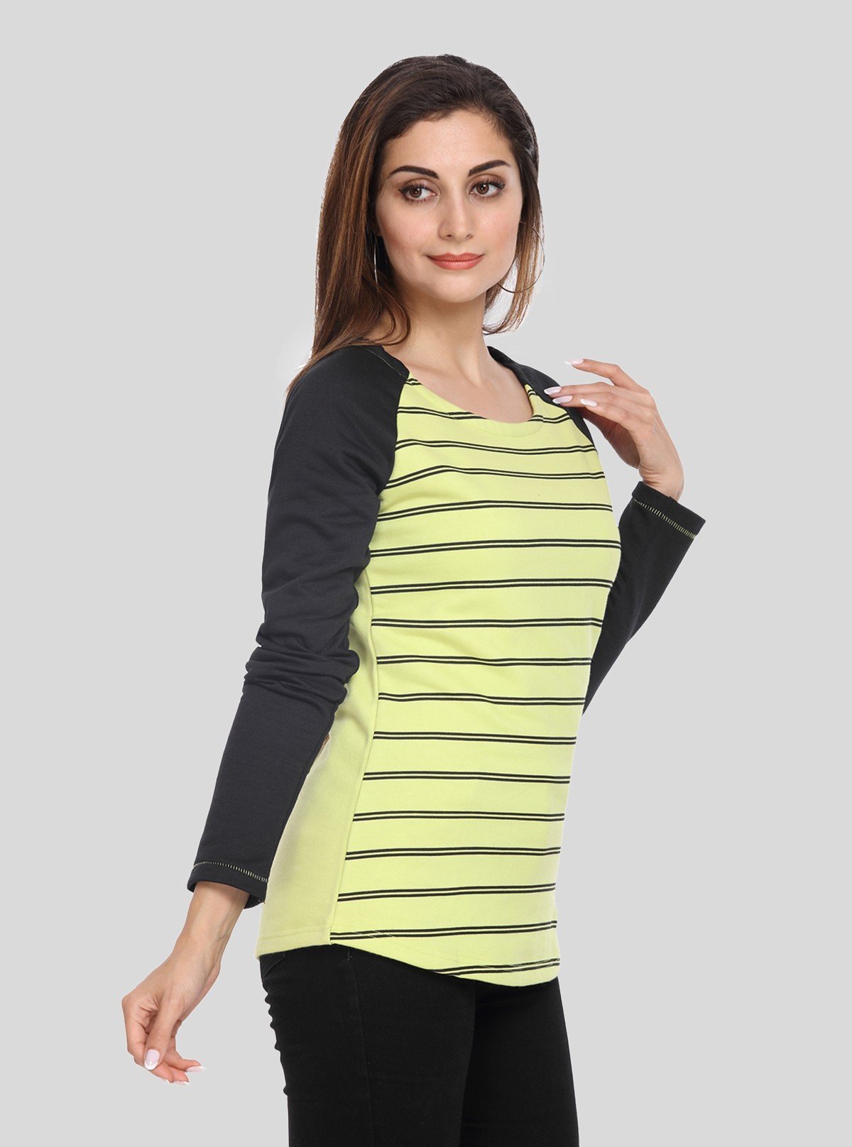 Women’s Green Striped Raglan Sleeve Sweat Top in Cotton Fleece - Boer and Fitch