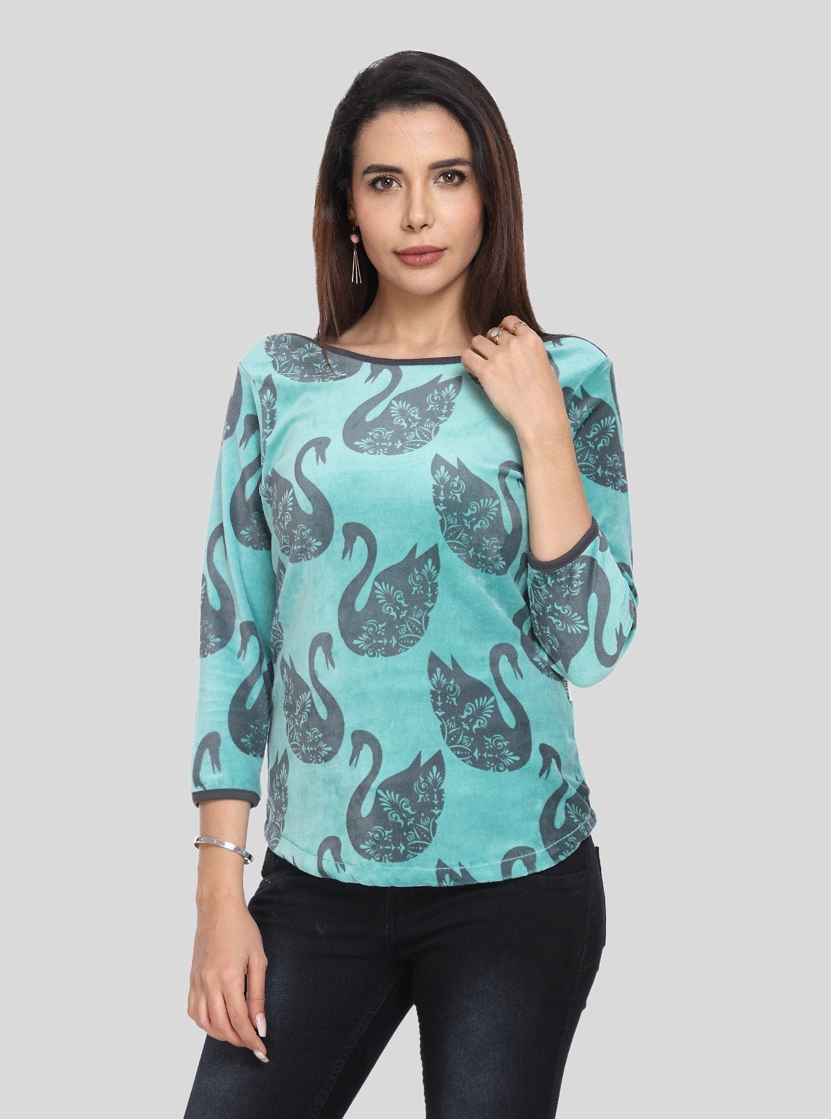 Women’s Green Swan Print 3/4 Sleeve Boat Neck Sweat Top – Chic Cotton Blend - Boer and Fitch