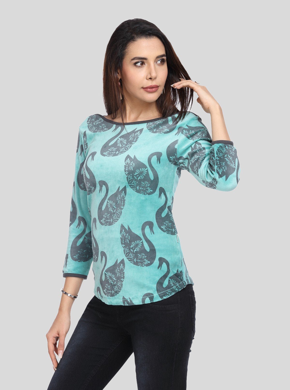 Women’s Green Swan Print 3/4 Sleeve Boat Neck Sweat Top – Chic Cotton Blend - Boer and Fitch