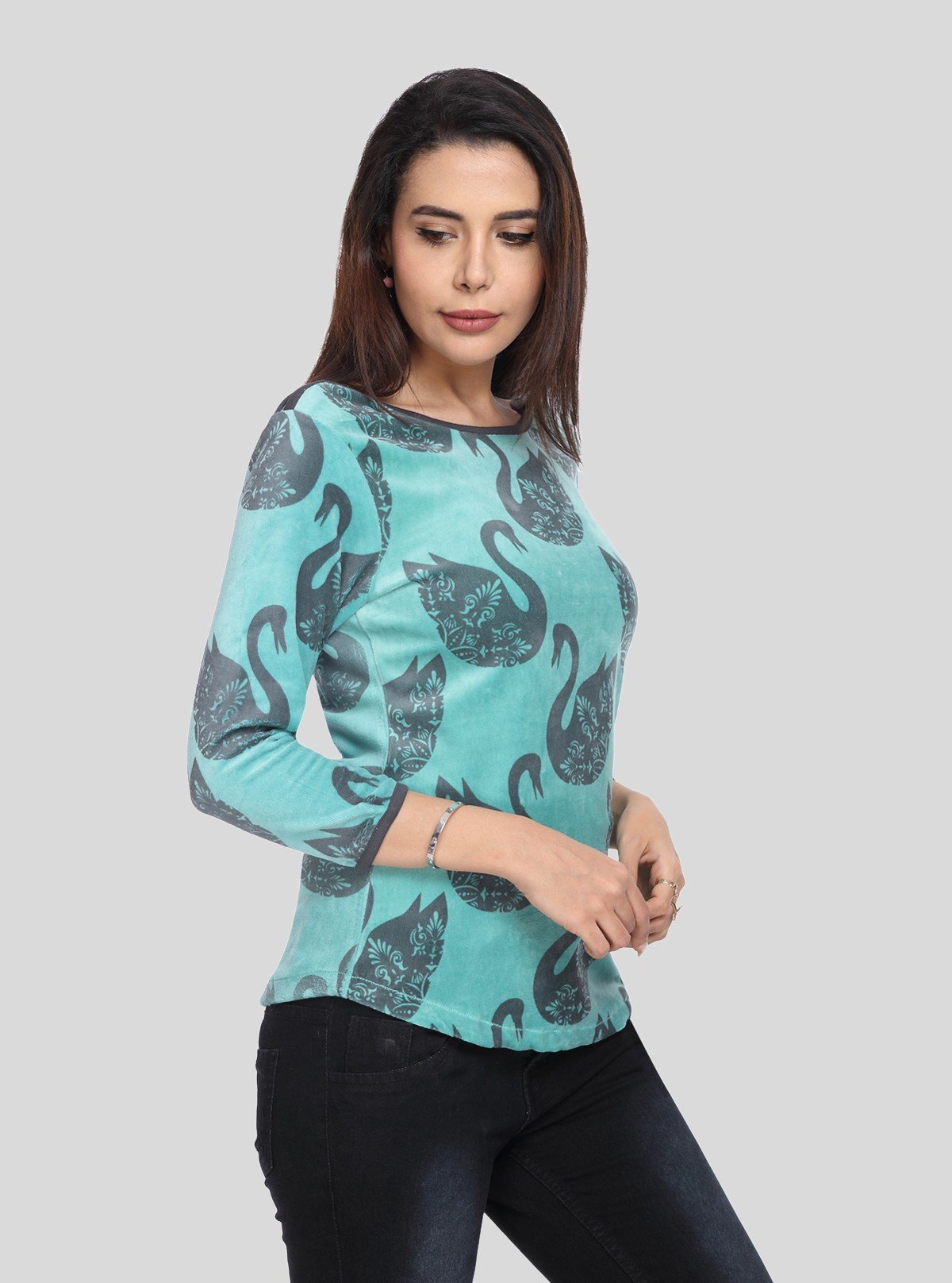Women’s Green Swan Print 3/4 Sleeve Boat Neck Sweat Top – Chic Cotton Blend - Boer and Fitch