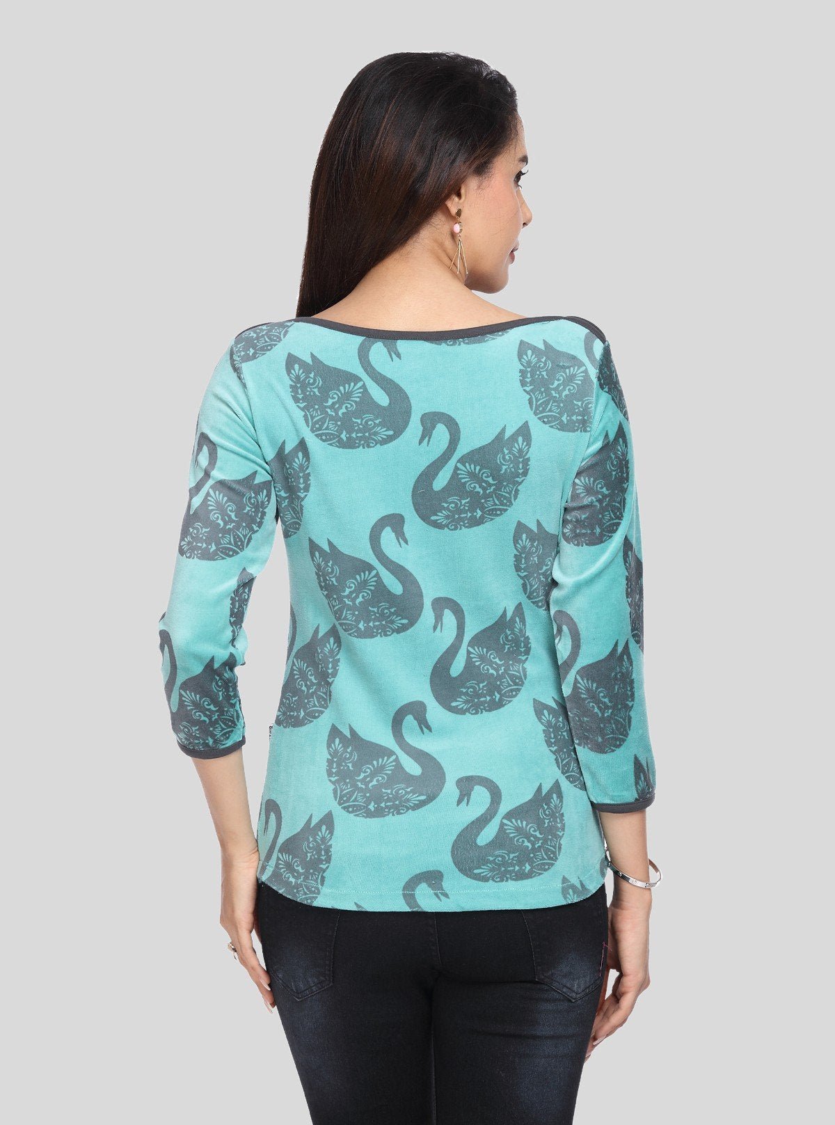 Women’s Green Swan Print 3/4 Sleeve Boat Neck Sweat Top – Chic Cotton Blend - Boer and Fitch
