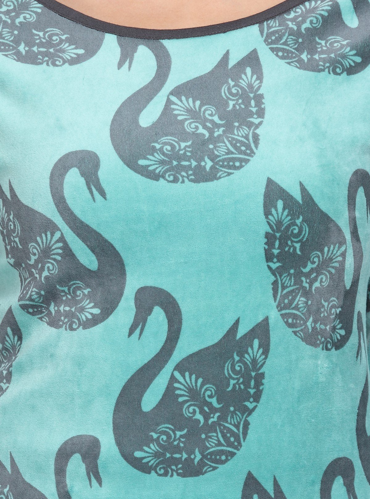 Women’s Green Swan Print 3/4 Sleeve Boat Neck Sweat Top – Chic Cotton Blend - Boer and Fitch