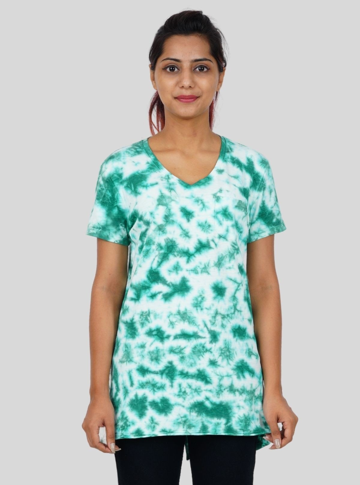 Women's Green Tie and Dye V - Neck T-Shirt – Stylish Cotton Boho Tee - Boer and Fitch