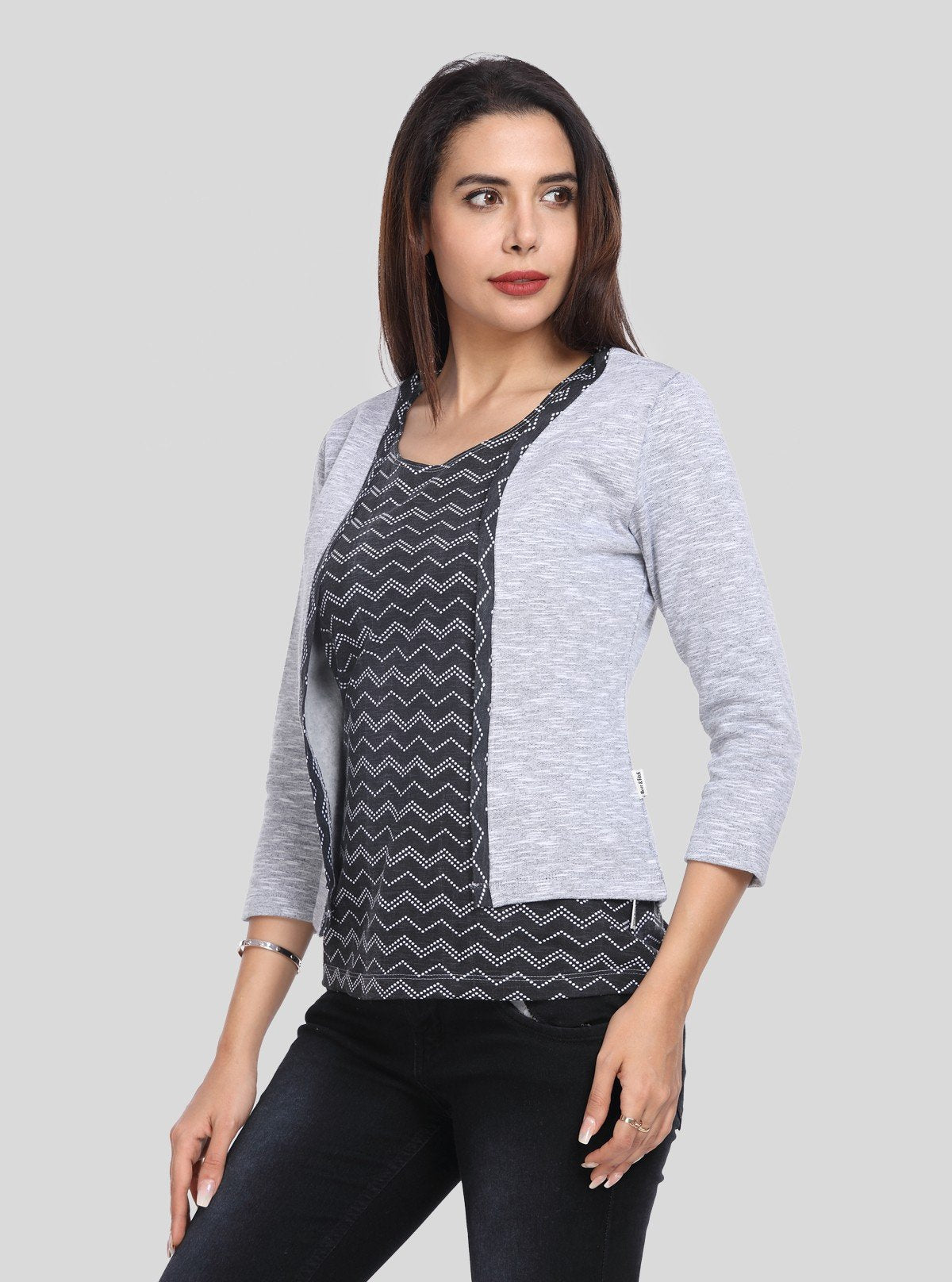 Women's Grey Cotton Shrug with Black Zigzag Print Top Set – Boer and Fitch - Boer and Fitch