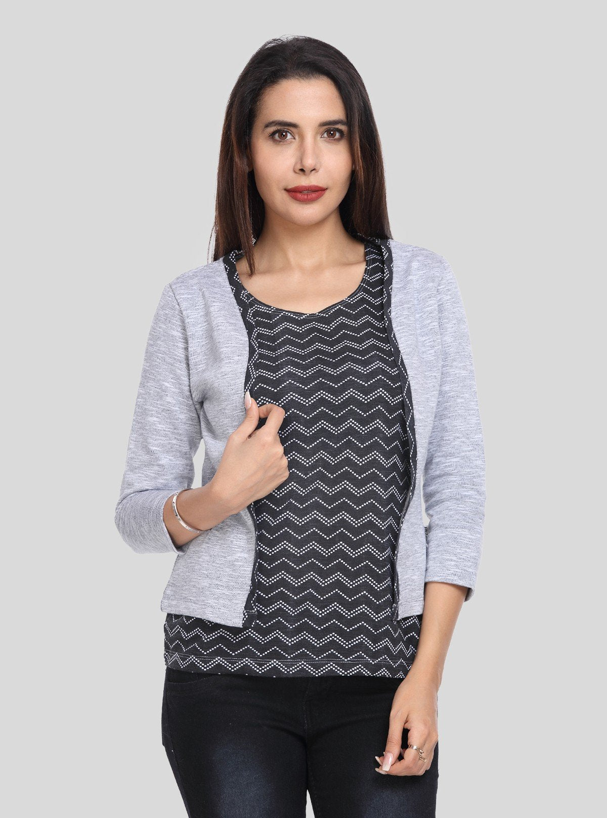Women's Grey Cotton Shrug with Black Zigzag Print Top Set – Boer and Fitch - Boer and Fitch