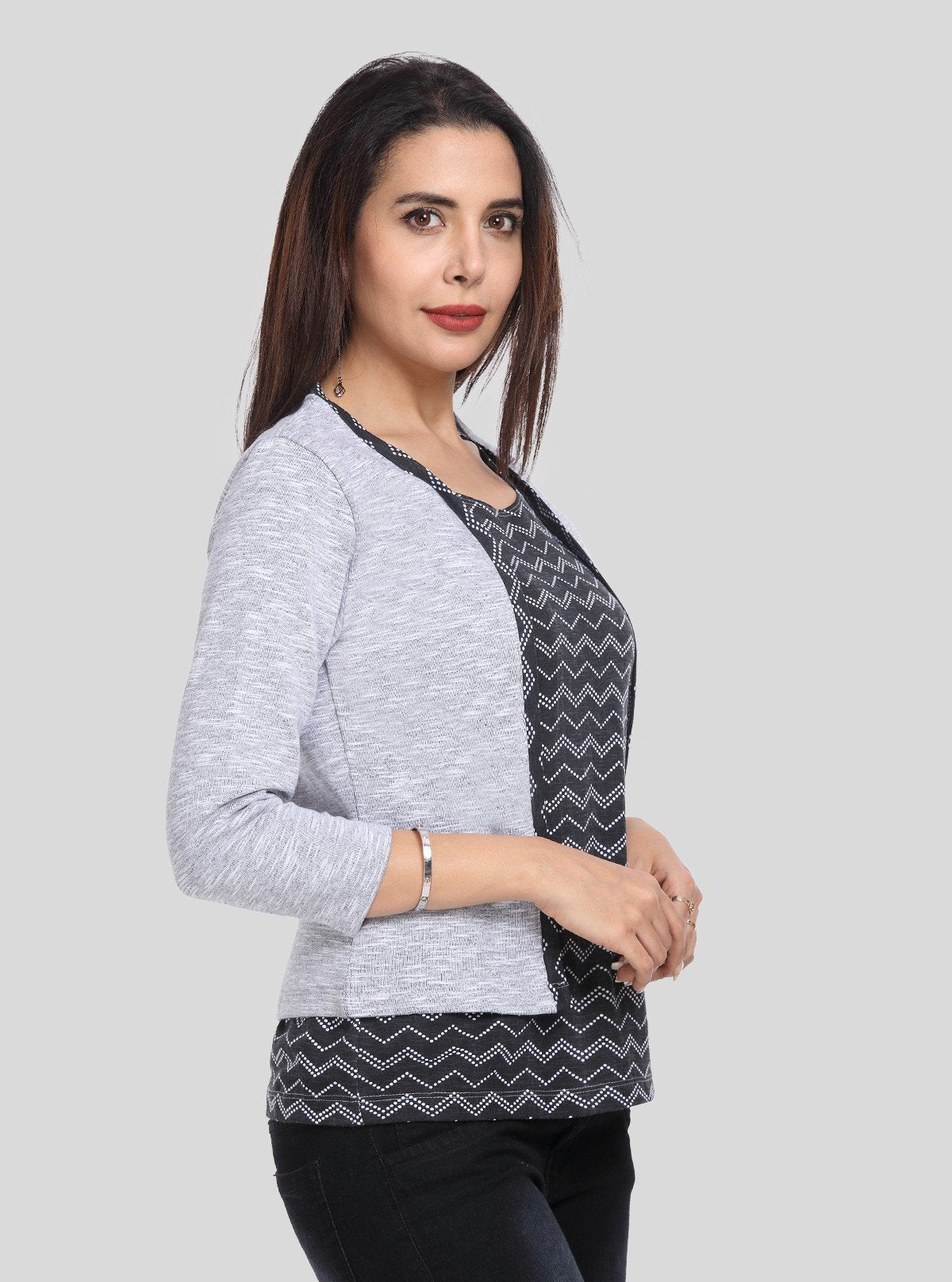 Women's Grey Cotton Shrug with Black Zigzag Print Top Set – Boer and Fitch - Boer and Fitch
