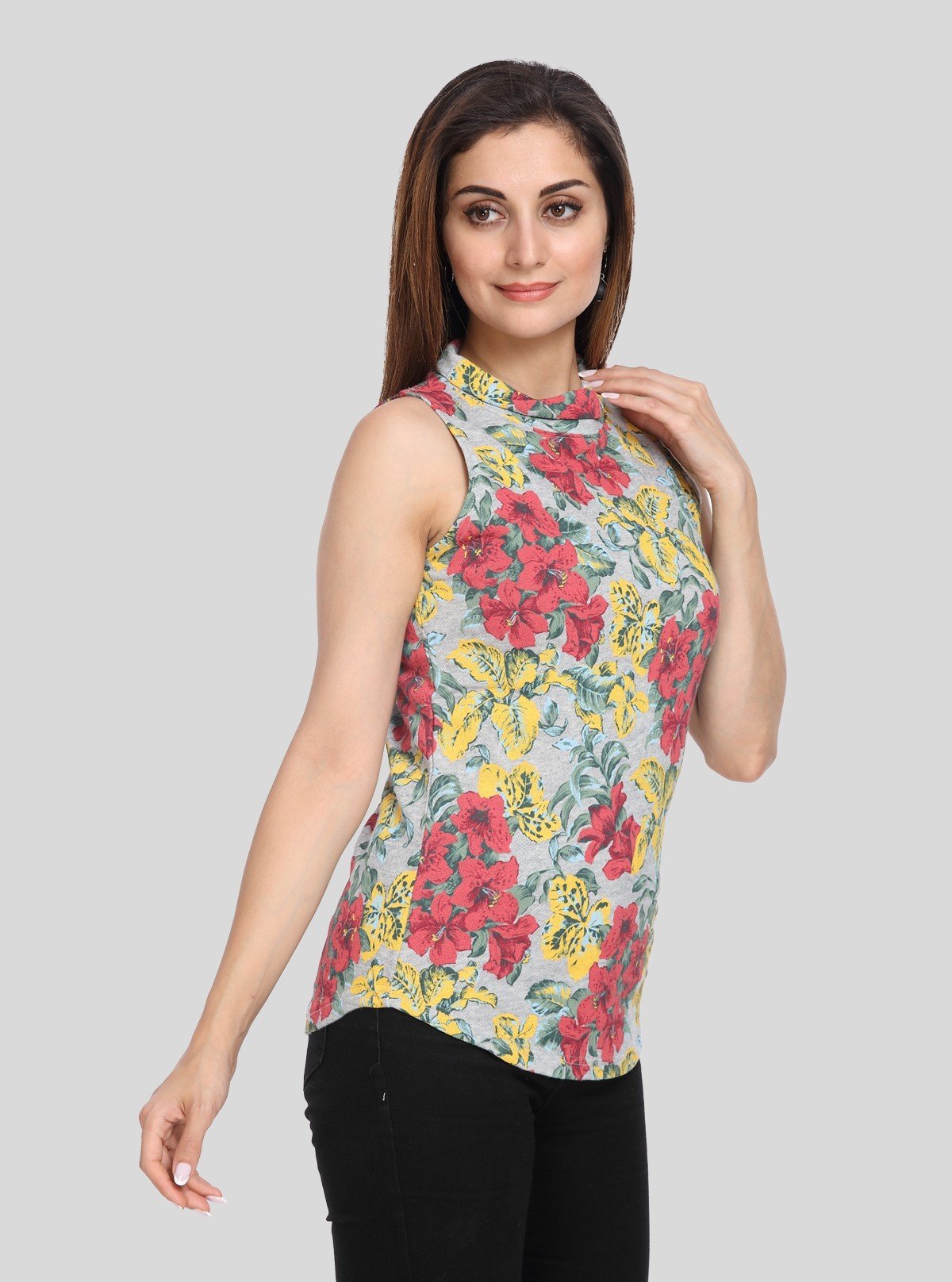 Women’s Grey Floral High Neck Sleeveless Top – Elegant & Breezy Style - Boer and Fitch