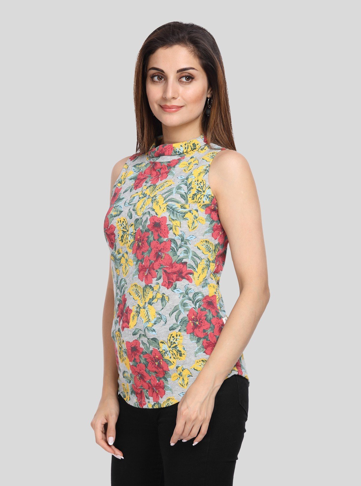 Women’s Grey Floral High Neck Sleeveless Top – Elegant & Breezy Style - Boer and Fitch