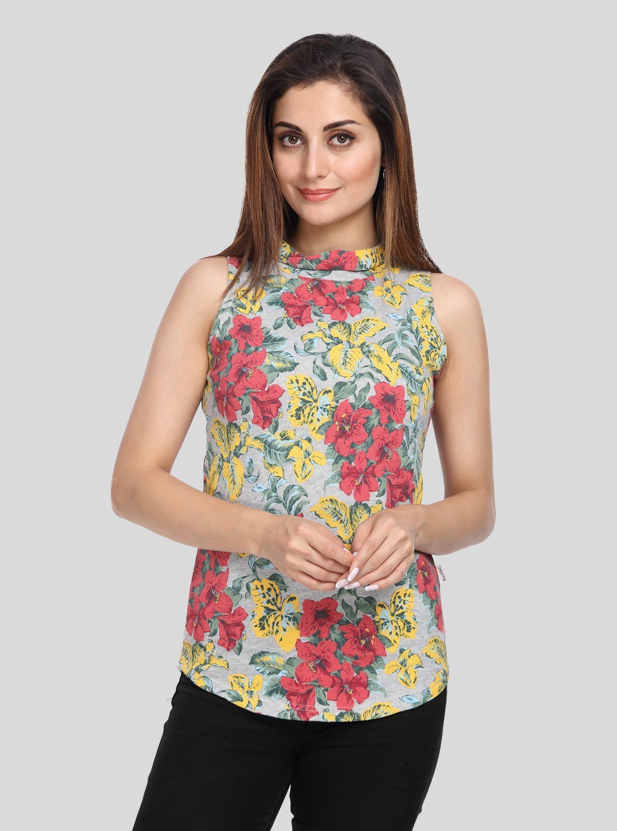 Women’s Grey Floral High Neck Sleeveless Top – Elegant & Breezy Style - Boer and Fitch