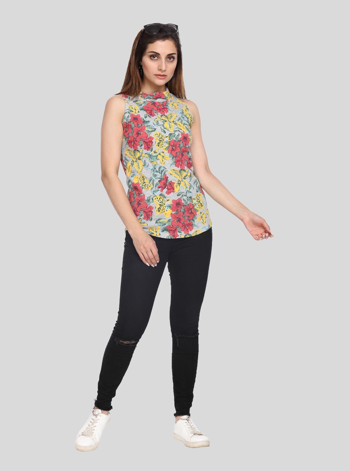 Women’s Grey Floral High Neck Sleeveless Top – Elegant & Breezy Style - Boer and Fitch