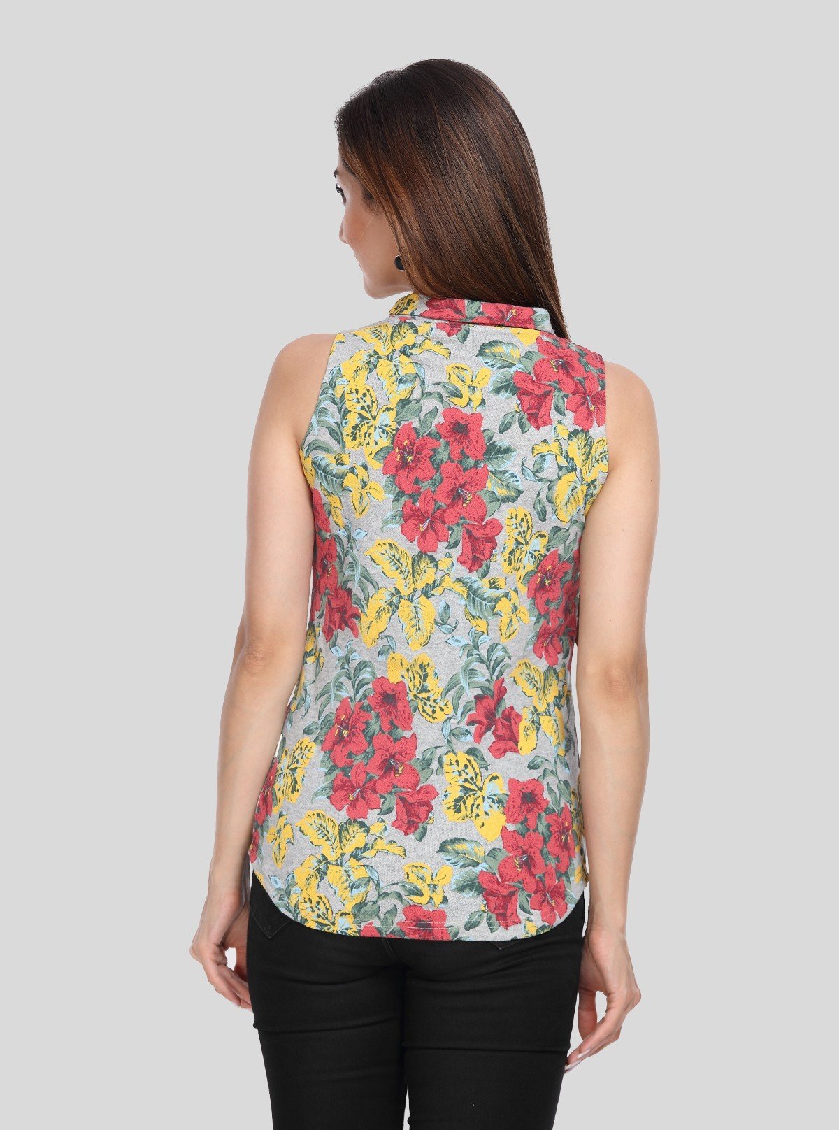 Women’s Grey Floral High Neck Sleeveless Top – Elegant & Breezy Style - Boer and Fitch