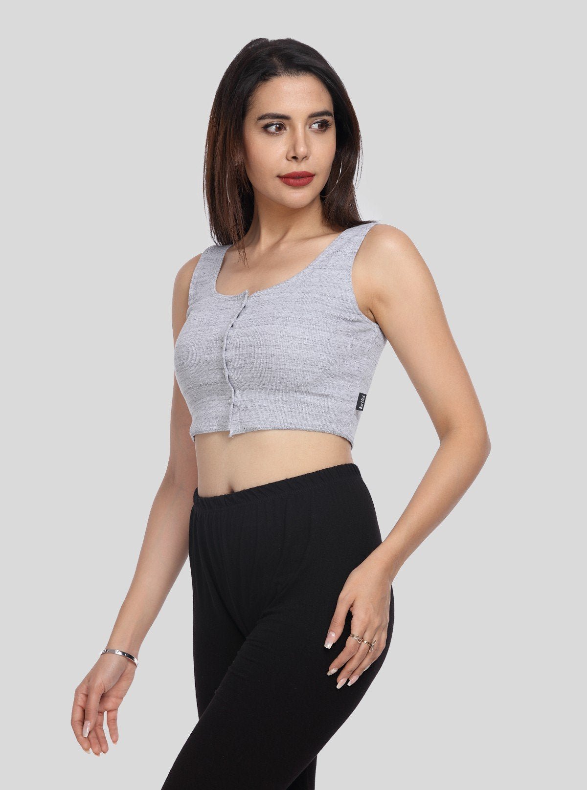 Women's Grey Melange Button Front Cotton Durby Knit Crop Top - Boer and Fitch