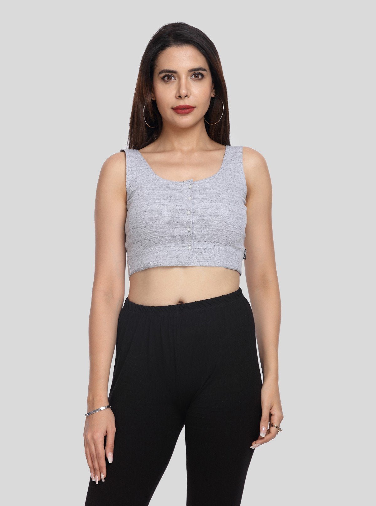 Women's Grey Melange Button Front Cotton Durby Knit Crop Top - Boer and Fitch
