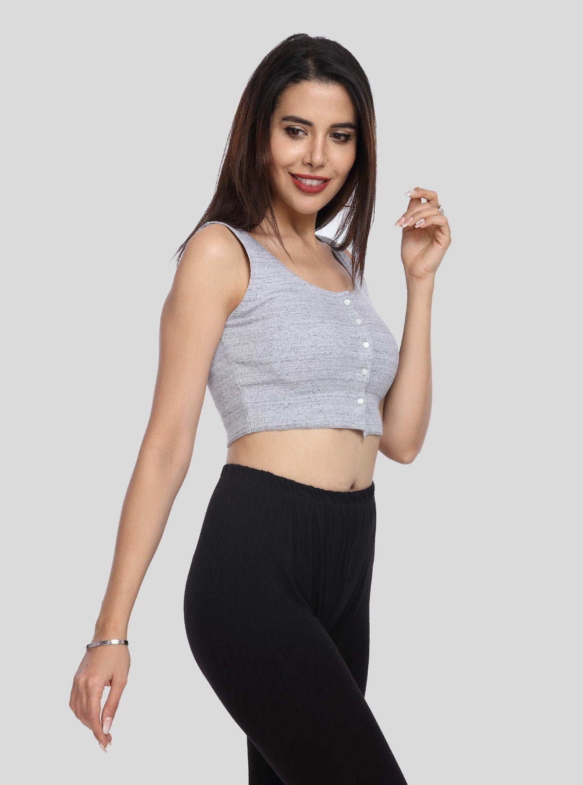 Women's Grey Melange Button Front Cotton Durby Knit Crop Top - Boer and Fitch