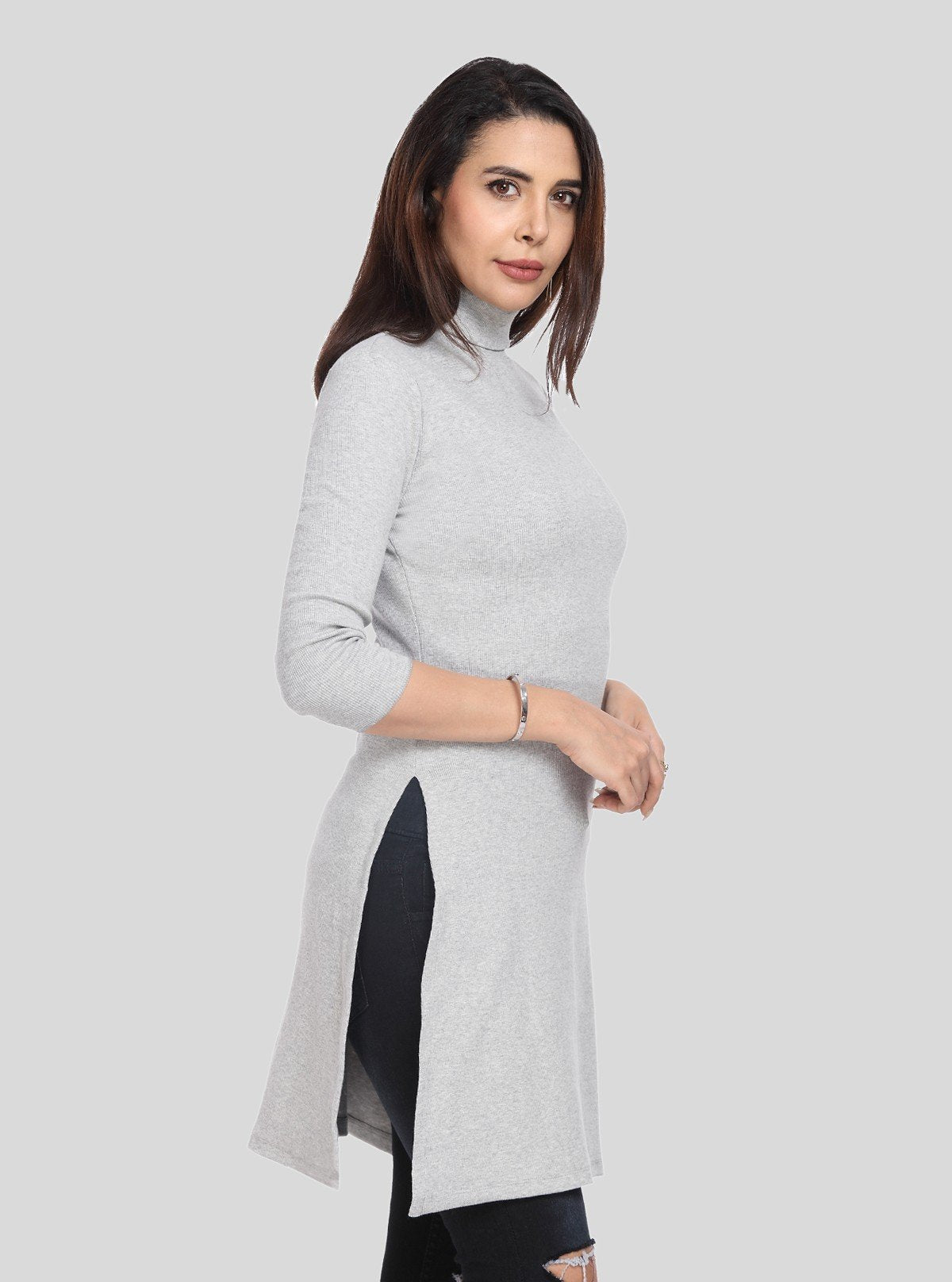Women's Grey Melange High Neck Ribbed Cotton Stretch Long Sleeve Dress - Boer and Fitch