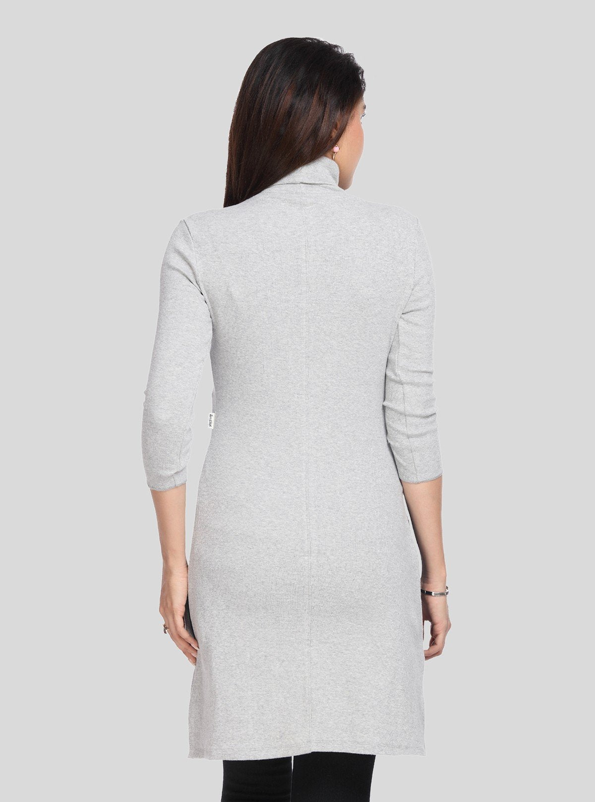 Women's Grey Melange High Neck Ribbed Cotton Stretch Long Sleeve Dress - Boer and Fitch