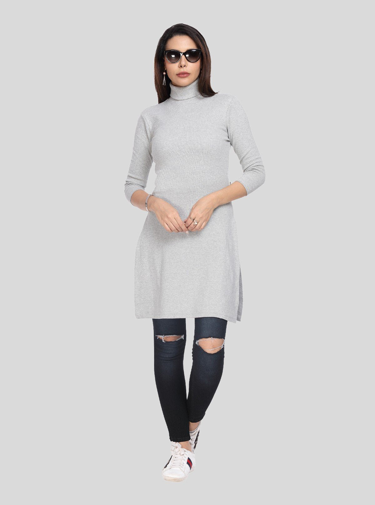 Women's Grey Melange High Neck Ribbed Cotton Stretch Long Sleeve Dress - Boer and Fitch