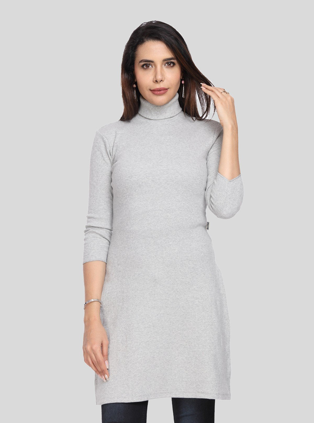 Women's Grey Melange High Neck Ribbed Cotton Stretch Long Sleeve Dress - Boer and Fitch