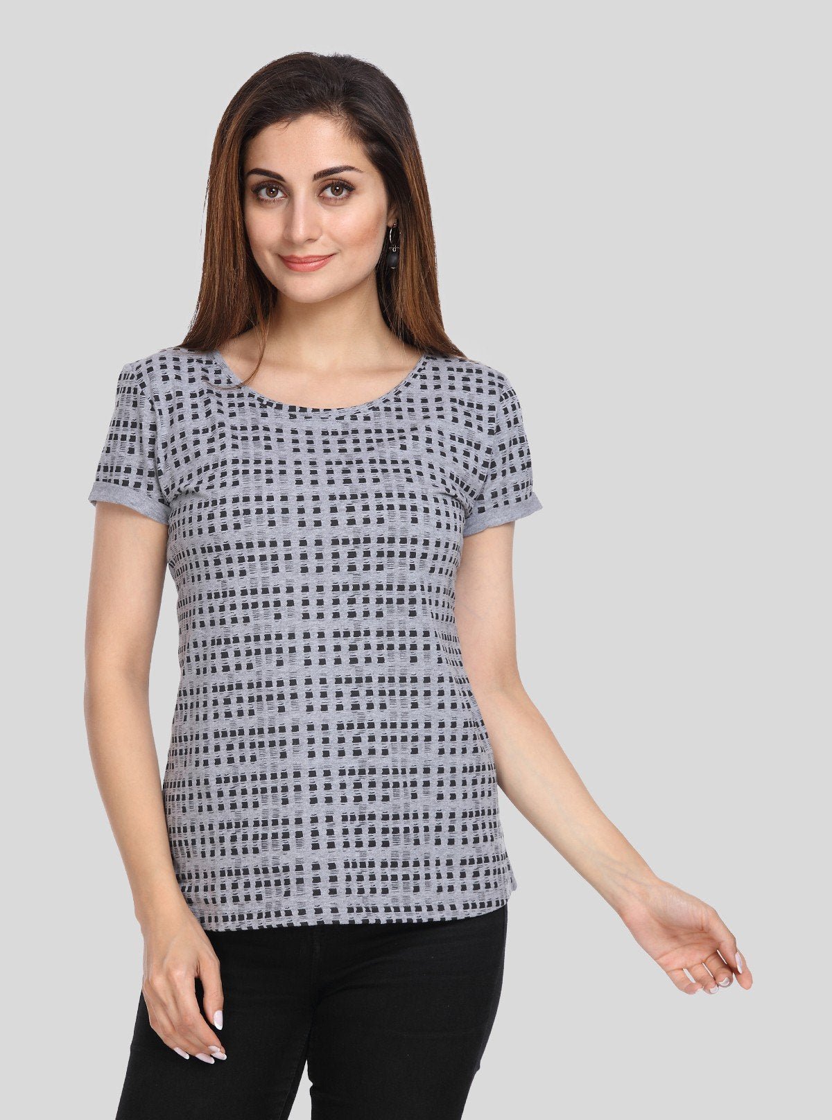Women's Grey Melange Patterned Top – Casual Chic in Soft Cotton Knit - Boer and Fitch