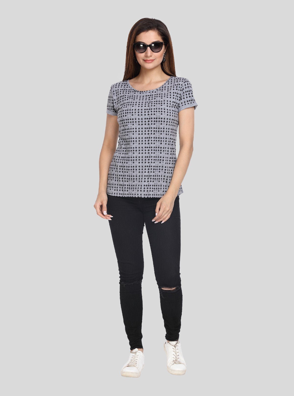 Women's Grey Melange Patterned Top – Casual Chic in Soft Cotton Knit - Boer and Fitch