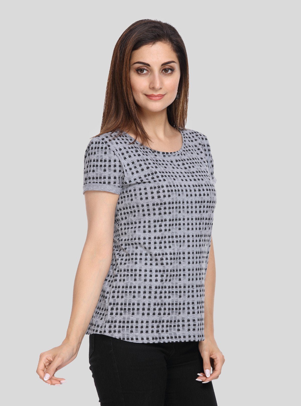 Women's Grey Melange Patterned Top – Casual Chic in Soft Cotton Knit - Boer and Fitch