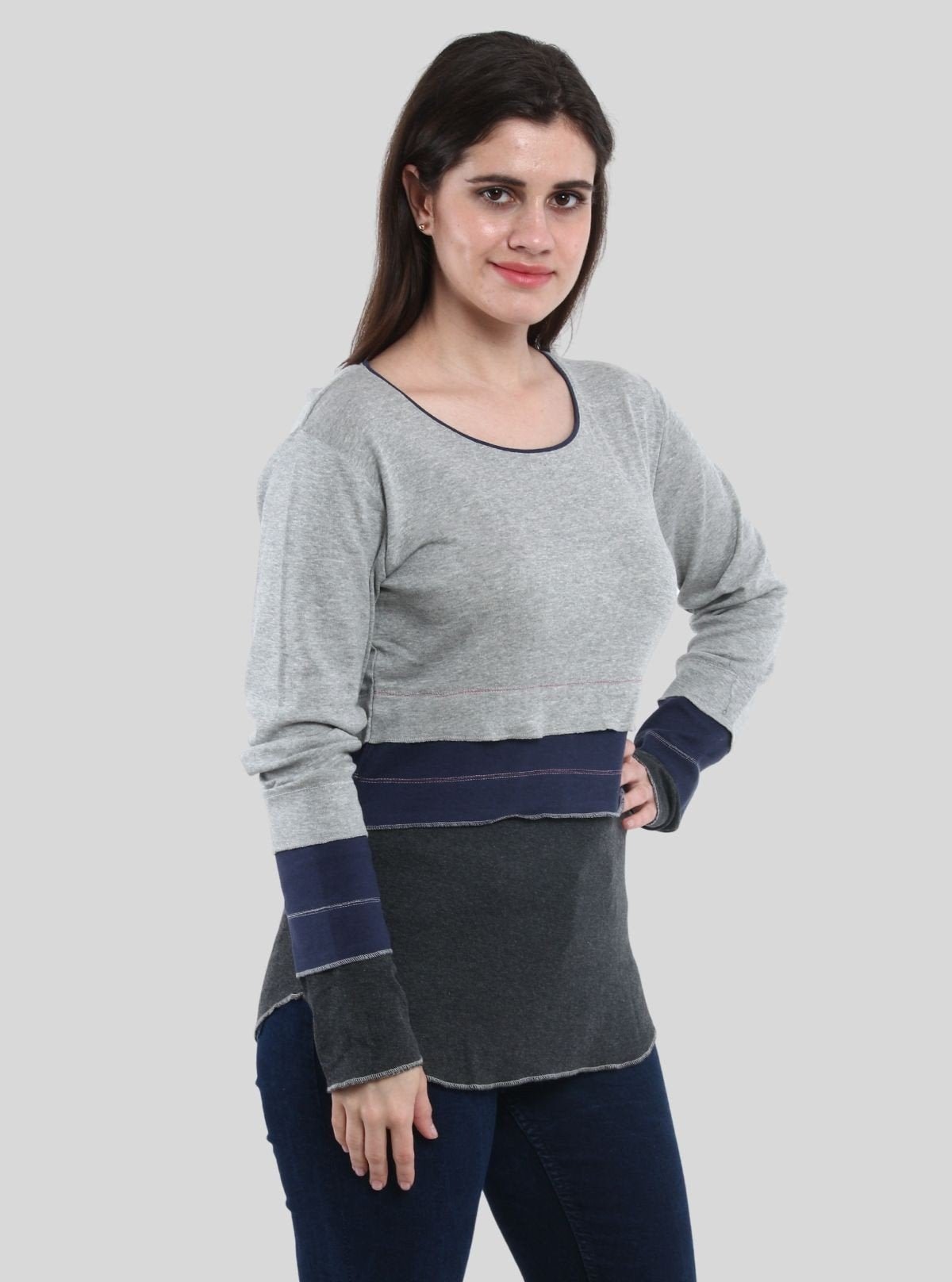 Women’s Grey Melange Scoop Neck Cut and Sew Long Sleeve Top – Cotton Rib Knit by Boer & Fitch - Boer and Fitch