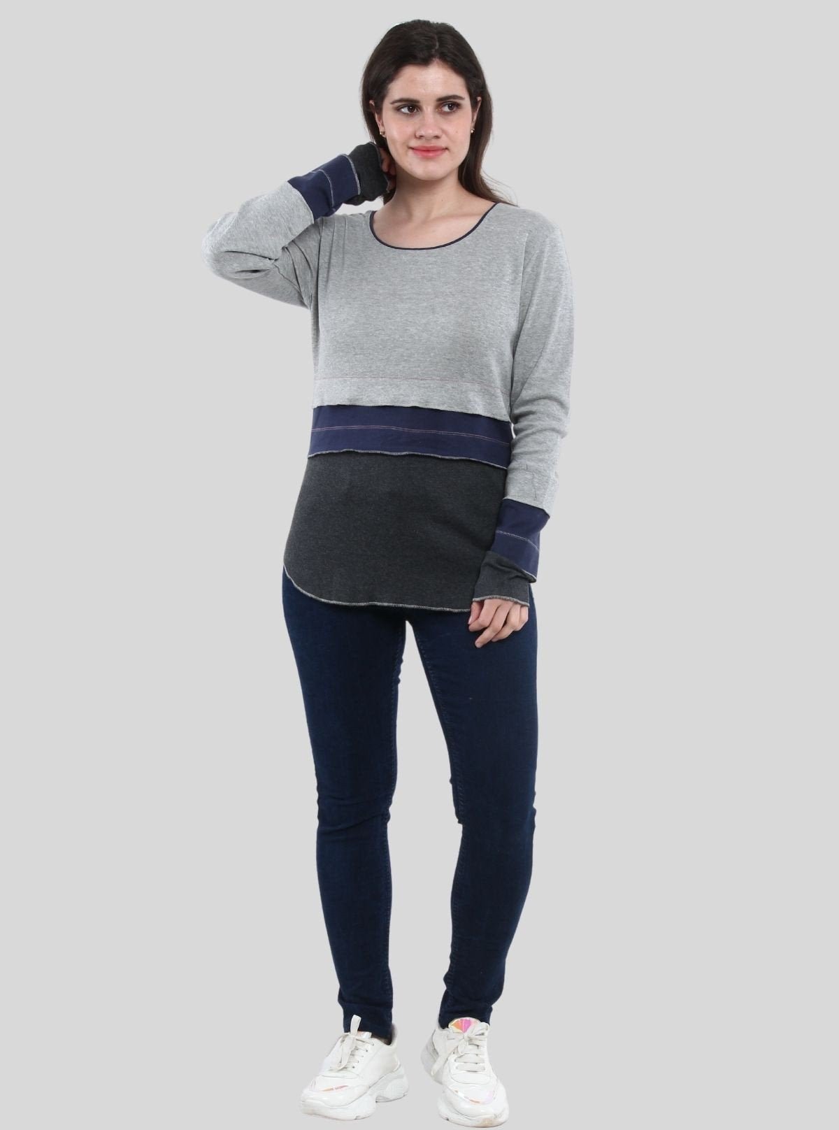 Women’s Grey Melange Scoop Neck Cut and Sew Long Sleeve Top – Cotton Rib Knit by Boer & Fitch - Boer and Fitch