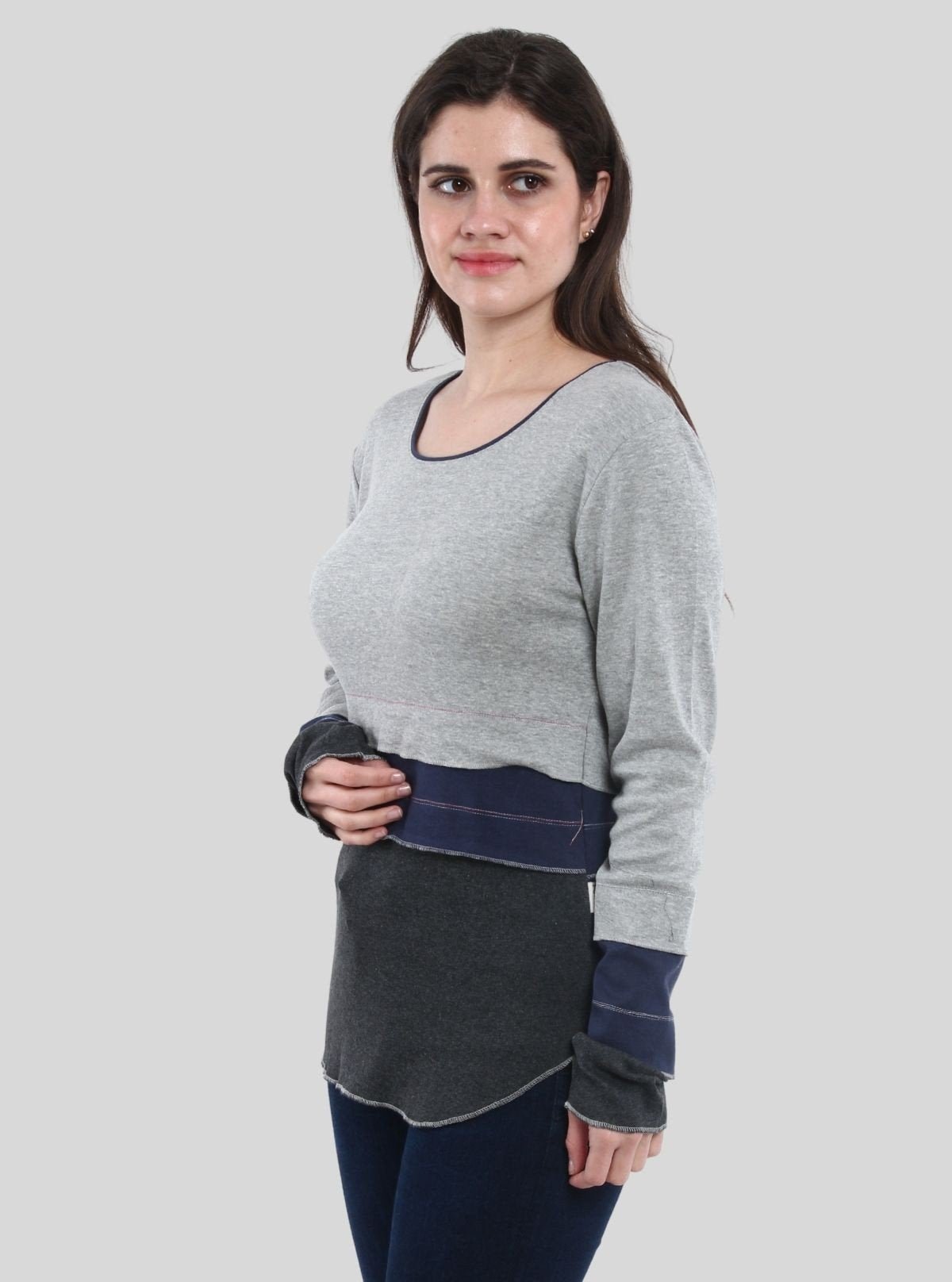 Women’s Grey Melange Scoop Neck Cut and Sew Long Sleeve Top – Cotton Rib Knit by Boer & Fitch - Boer and Fitch
