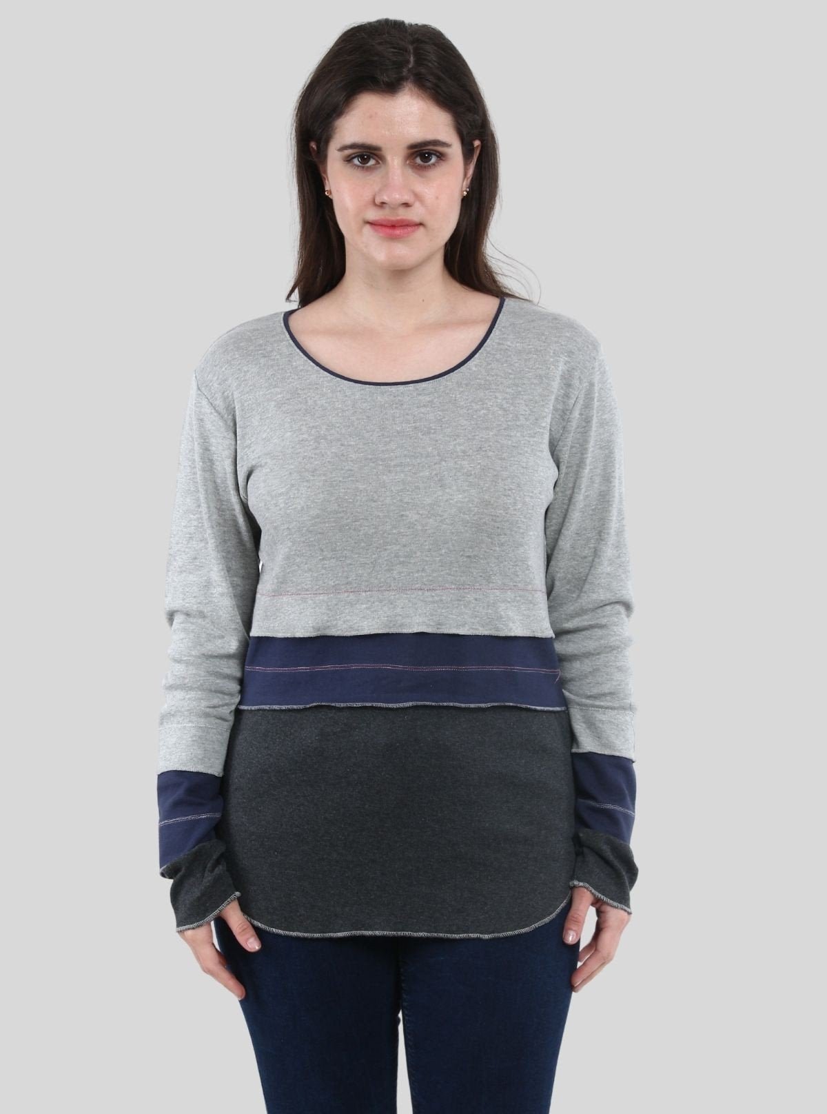 Women’s Grey Melange Scoop Neck Cut and Sew Long Sleeve Top – Cotton Rib Knit by Boer & Fitch - Boer and Fitch