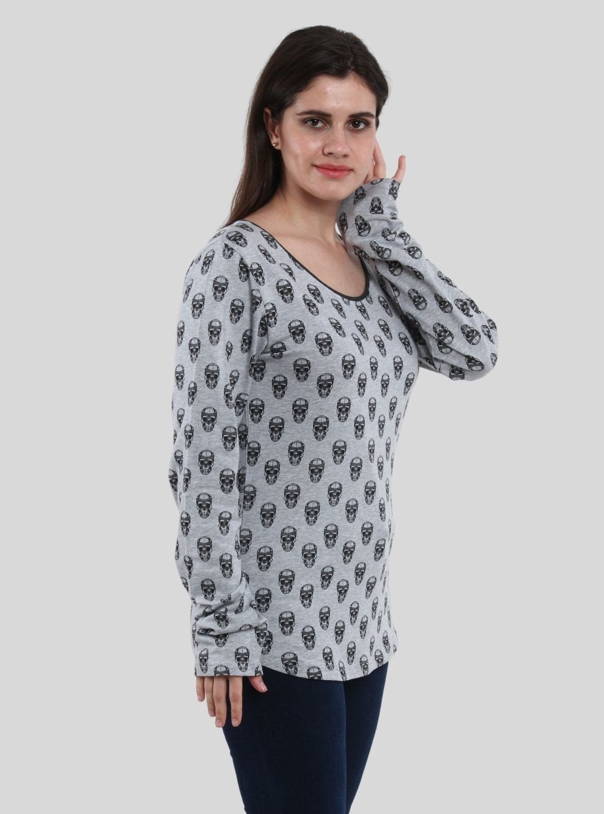 Women's Grey Melange Skull Print Long Sleeve Cotton Blend Knit Top - Boer and Fitch